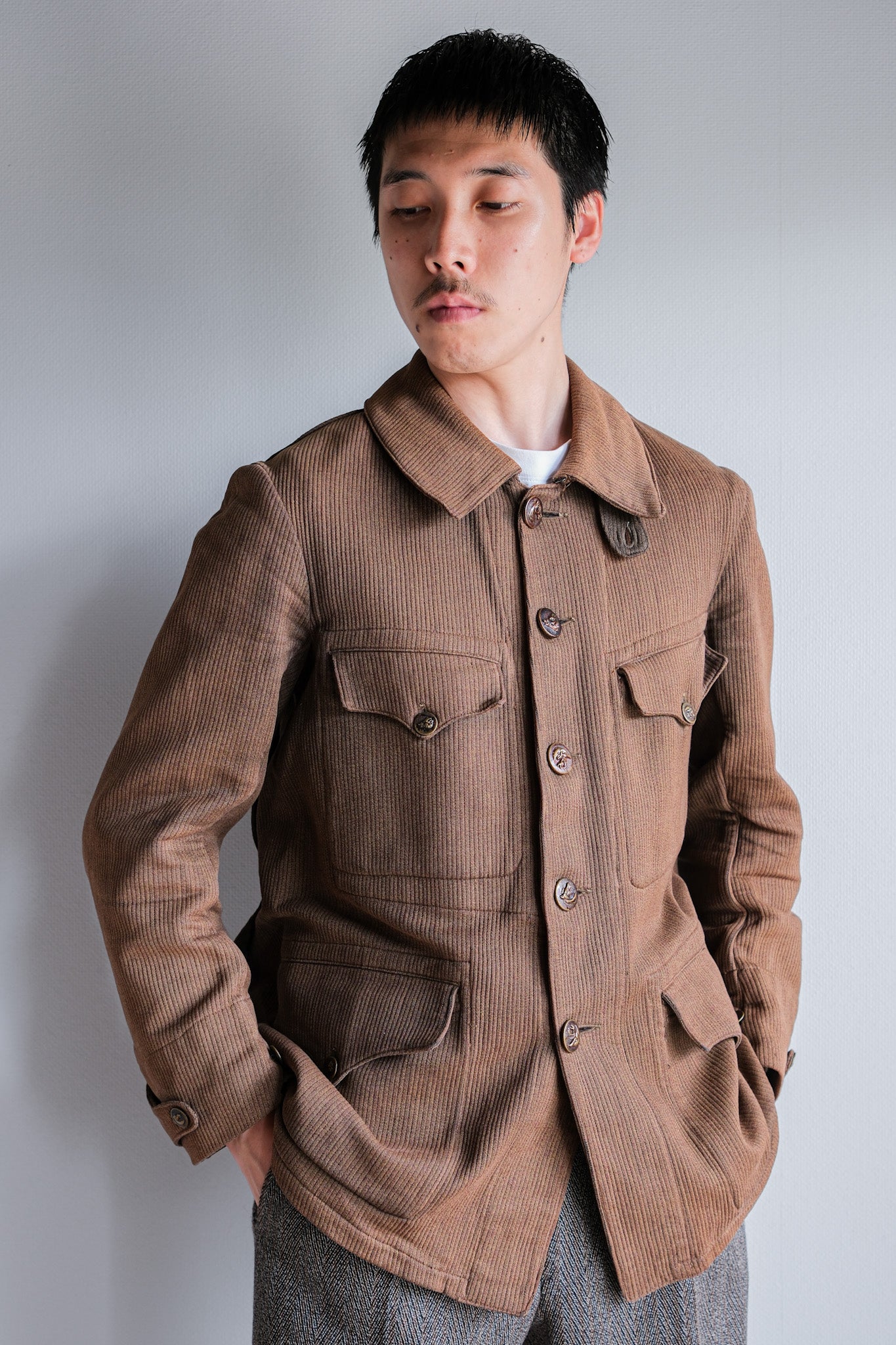 【~30's】French Vintage Brown Cotton Pique Hunting Jacket With Chin Strap