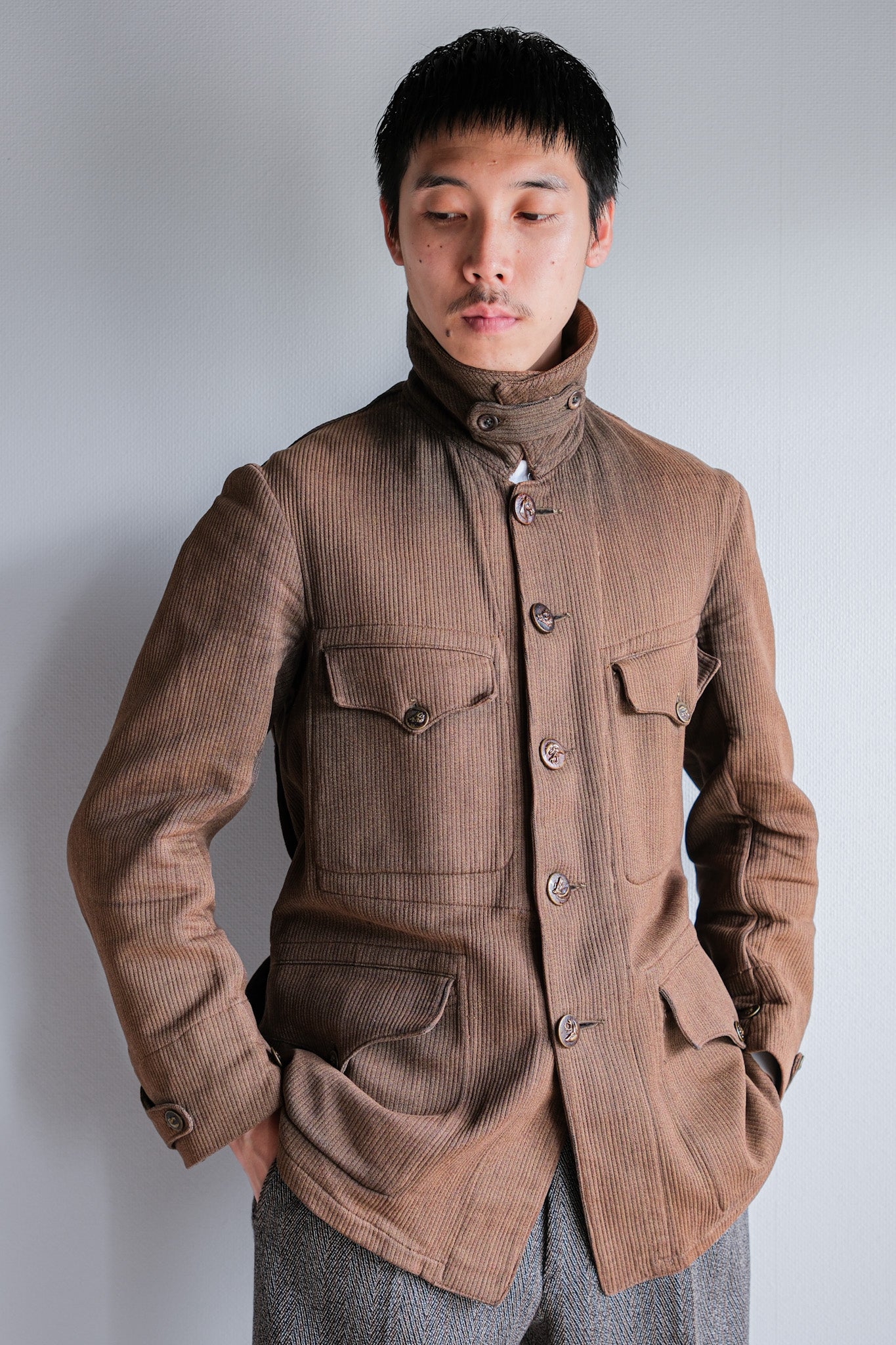 ［~30's］French Vintage Brown Cotton Pique Hunting Jacket With Chin Strap