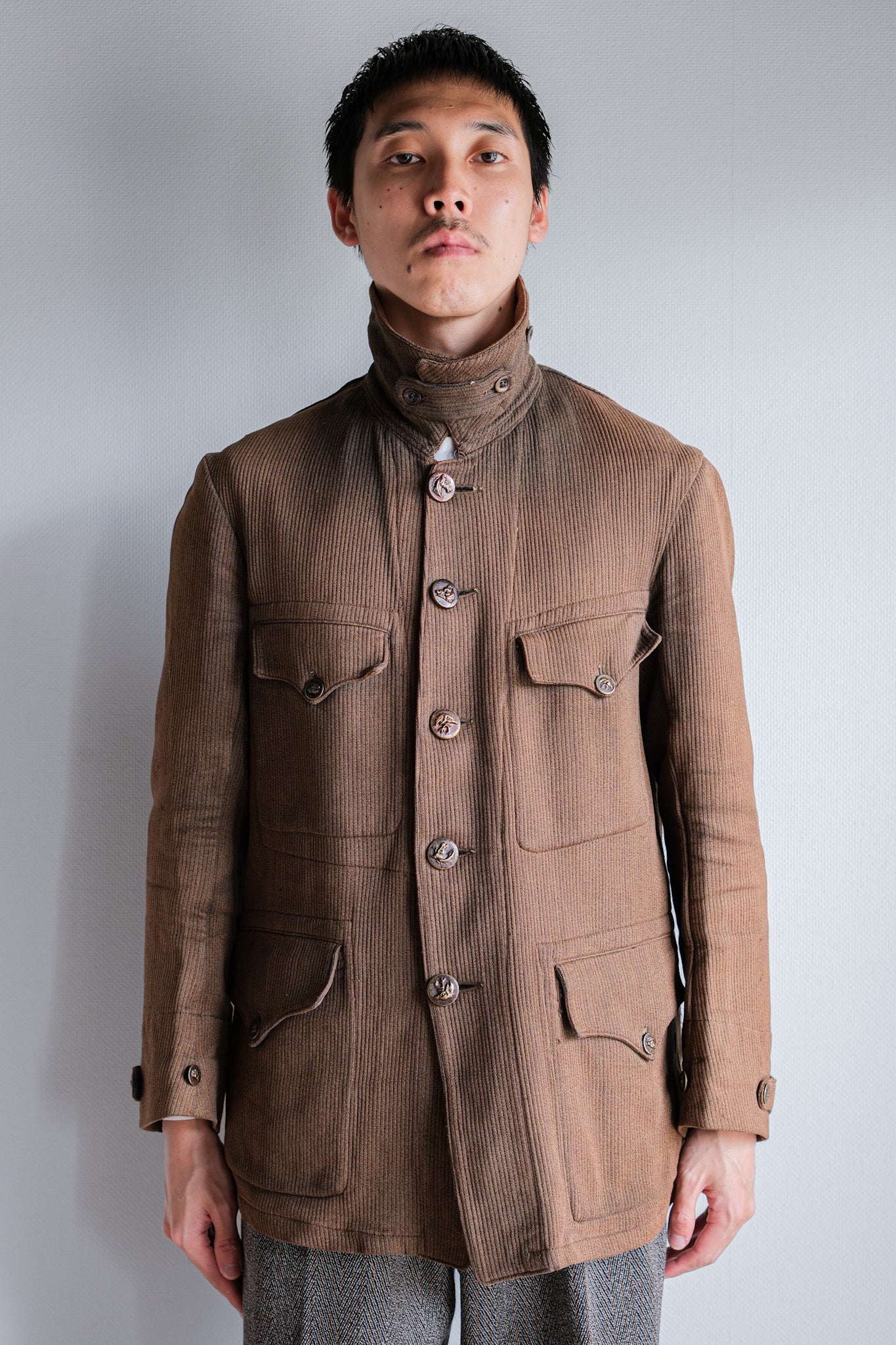 【~30's】French Vintage Brown Cotton Pique Hunting Jacket With Chin Strap