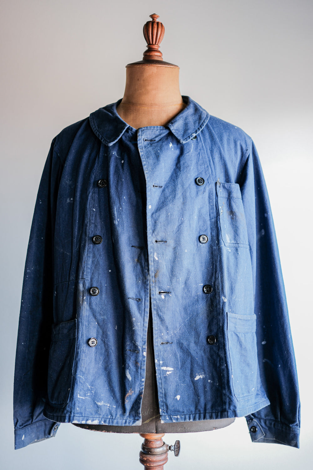 【~50's】French Vintage Double Breasted Indigo Cotton Twill Work Jacket "Crazy Paint"