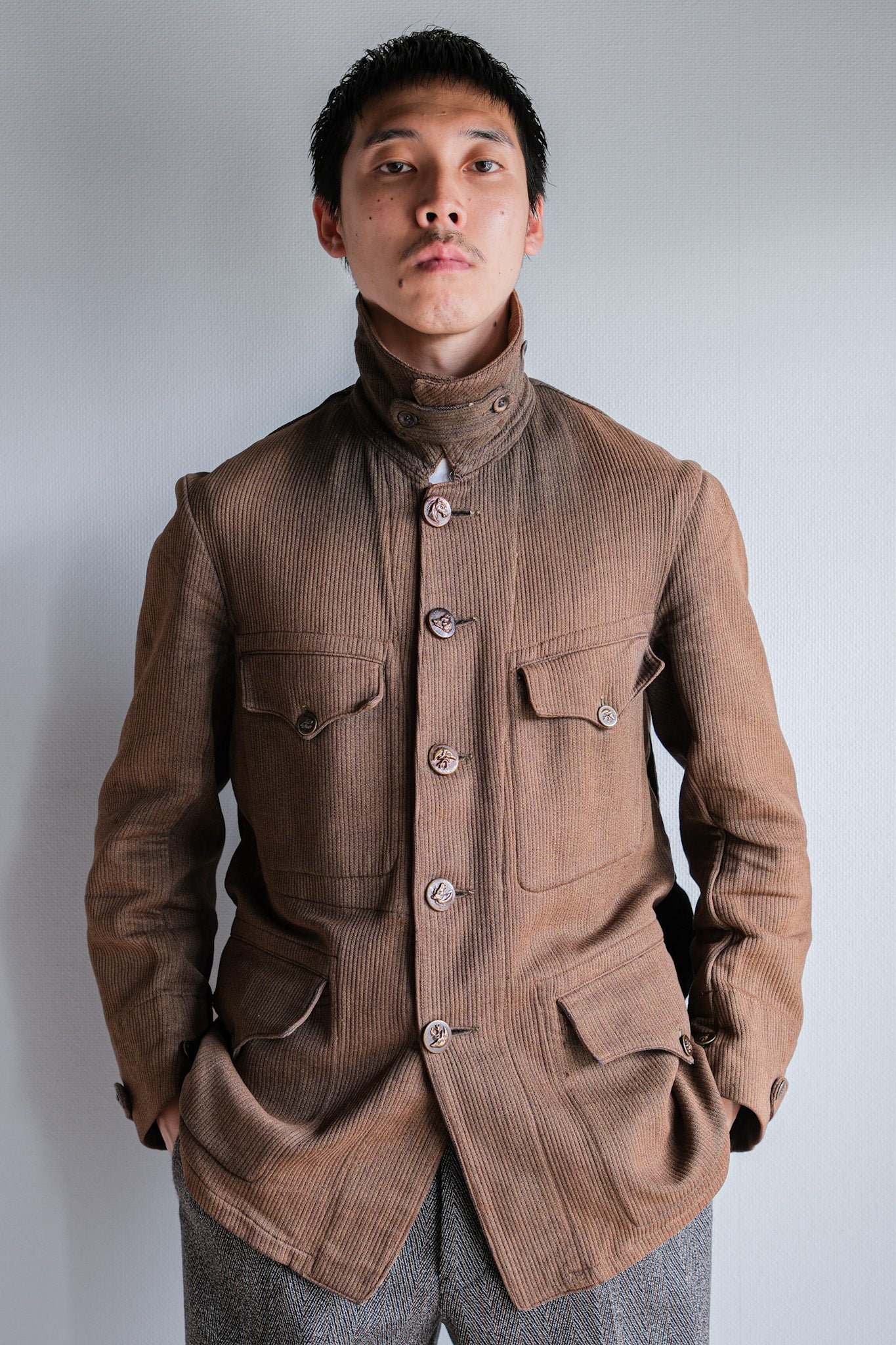 【~30's】French Vintage Brown Cotton Pique Hunting Jacket With Chin Strap