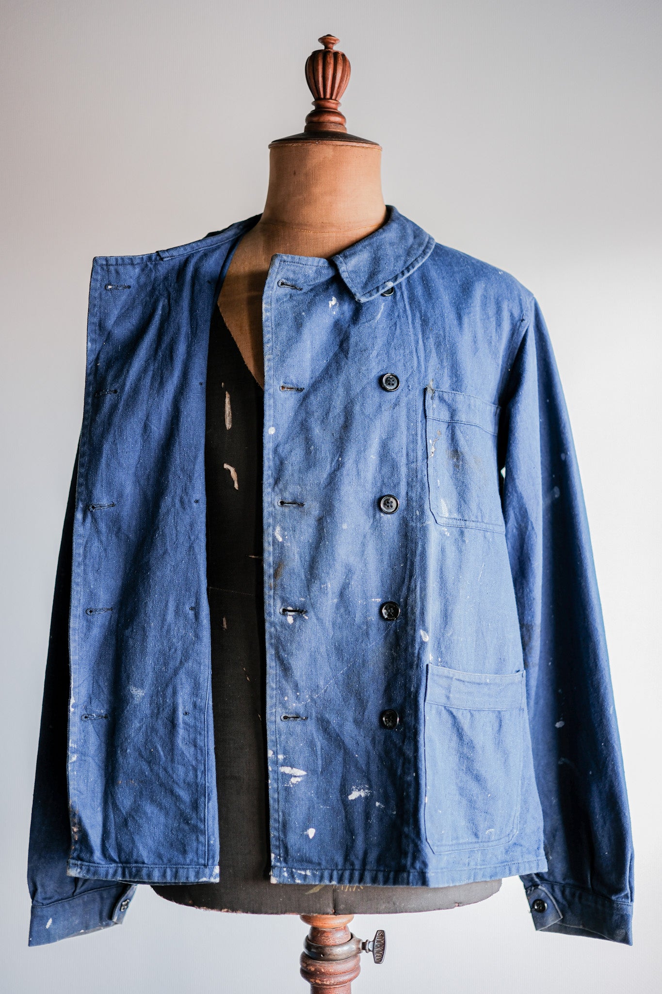 ［~50's］French Vintage Double Breasted Indigo Cotton Twill Work Jacket "Crazy Paint"