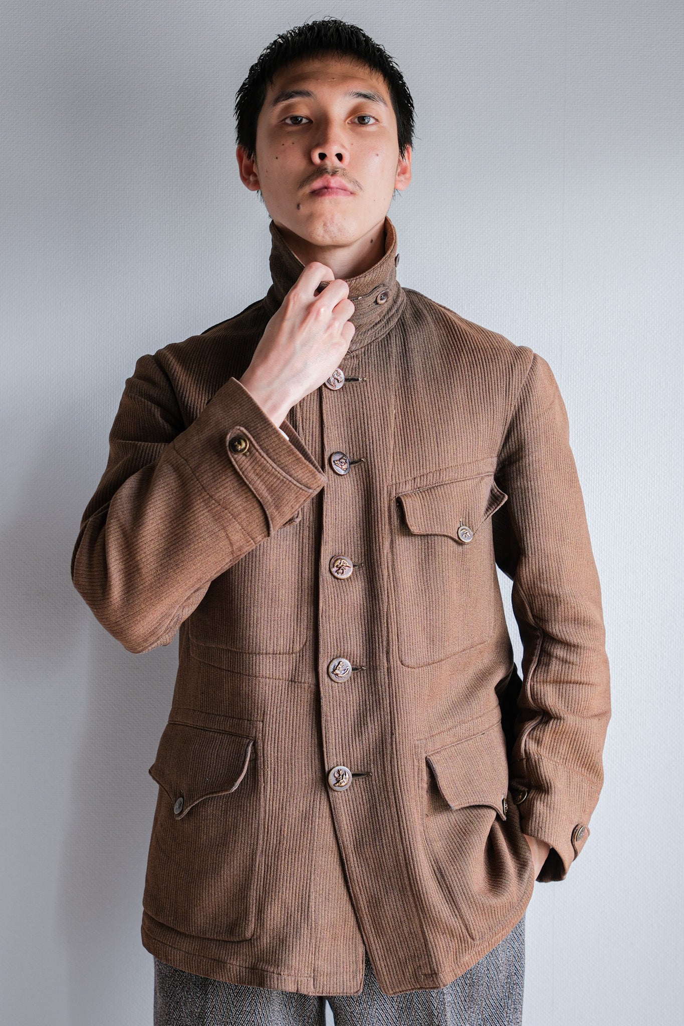 【~30's】French Vintage Brown Cotton Pique Hunting Jacket With Chin Strap