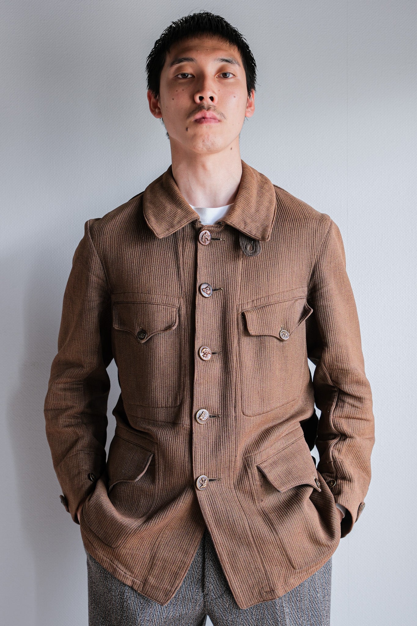 [~ 30's] French Vintage Brown Cotton Pique Hunting Jacket with Chin Strap