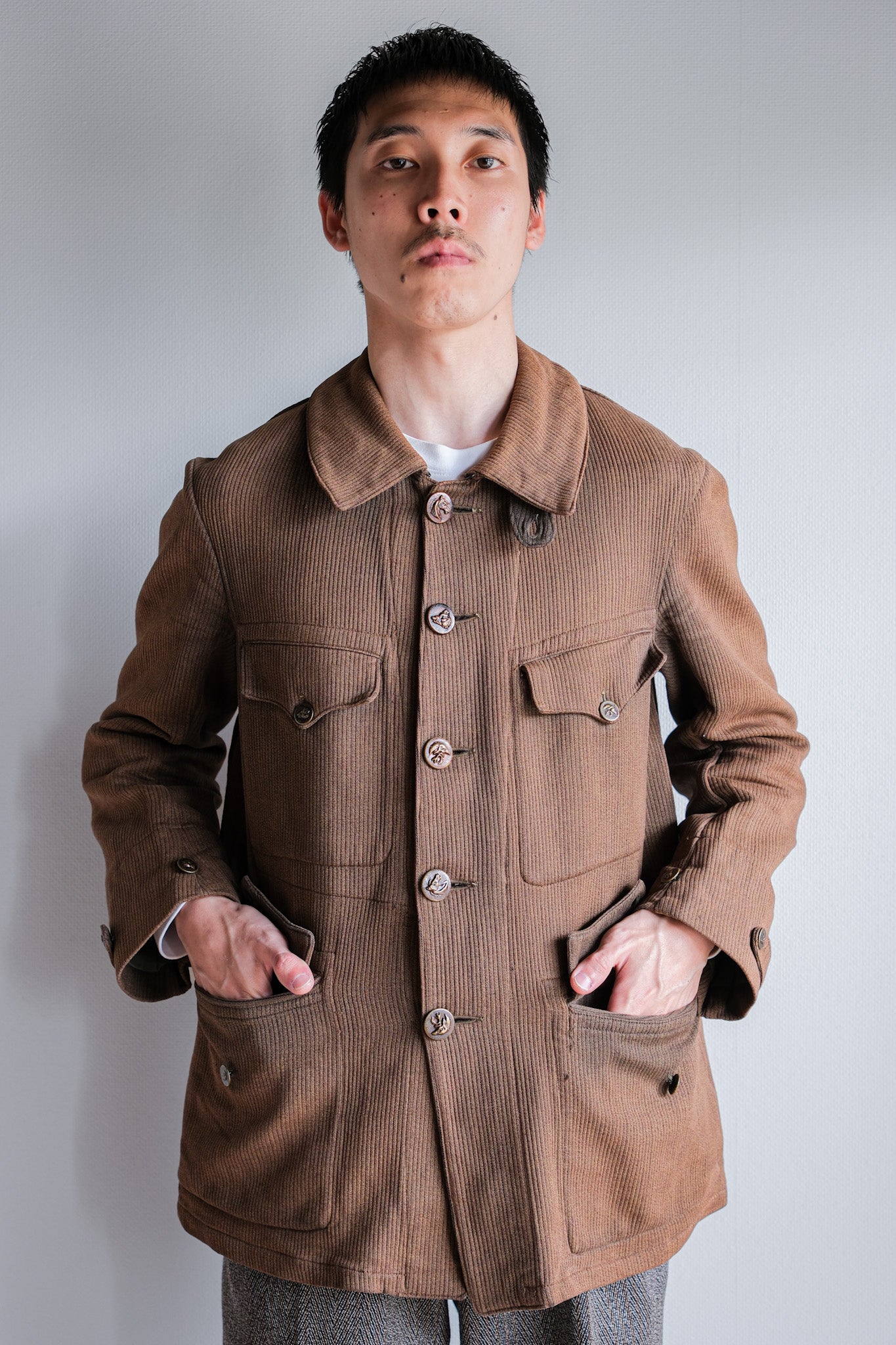 ［~30's］French Vintage Brown Cotton Pique Hunting Jacket With Chin Strap