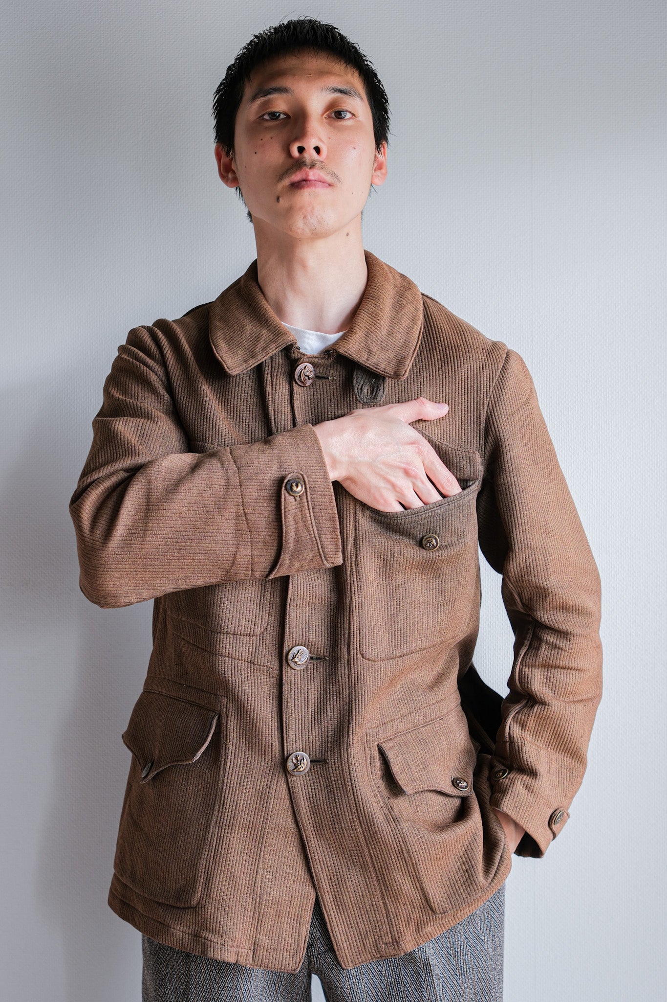 ［~30's］French Vintage Brown Cotton Pique Hunting Jacket With Chin Strap