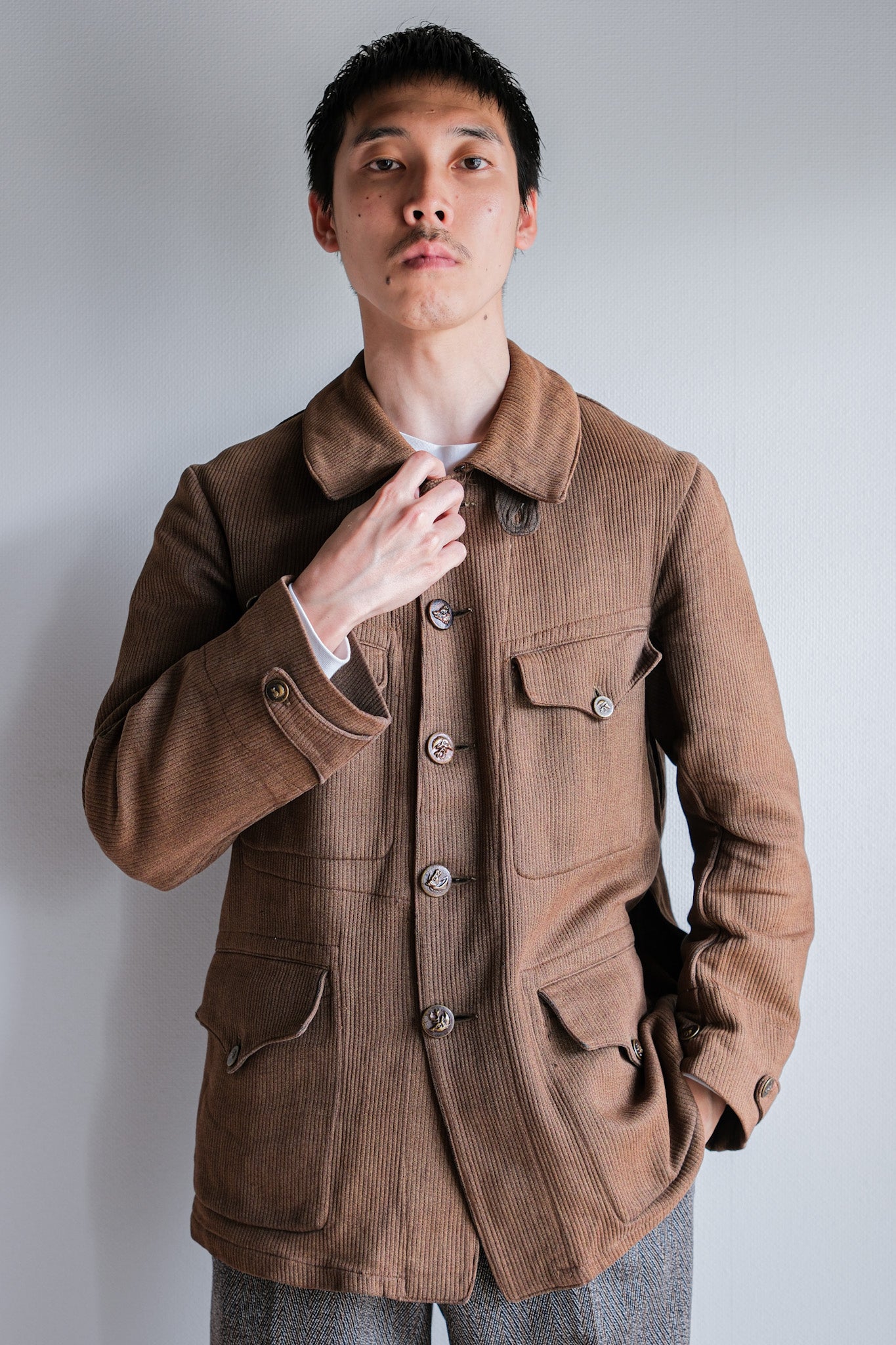 ［~30's］French Vintage Brown Cotton Pique Hunting Jacket With Chin Strap