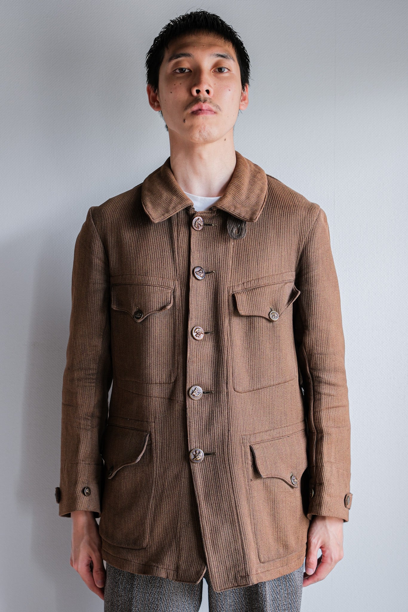 【~30's】French Vintage Brown Cotton Pique Hunting Jacket With Chin Strap