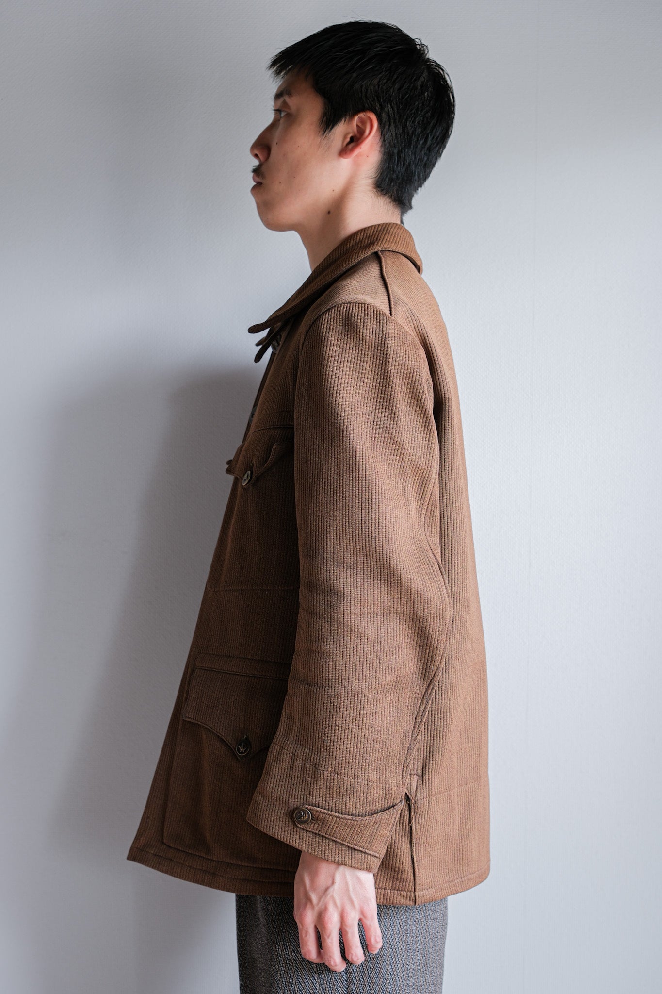 ［~30's］French Vintage Brown Cotton Pique Hunting Jacket With Chin Strap