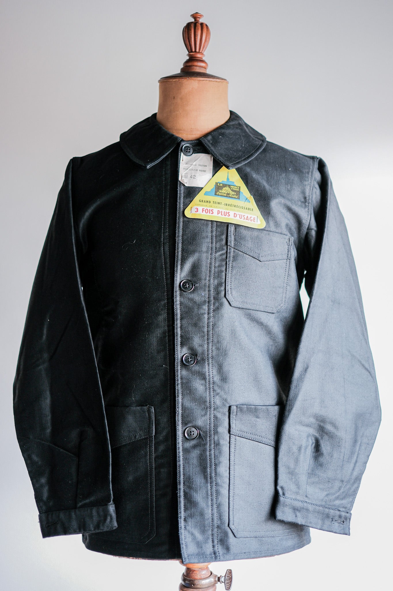 【~50’s】French Vintage Black Moleskin Work Jacket Size.42 "Le Mont St. Michel" "Dead Stock"