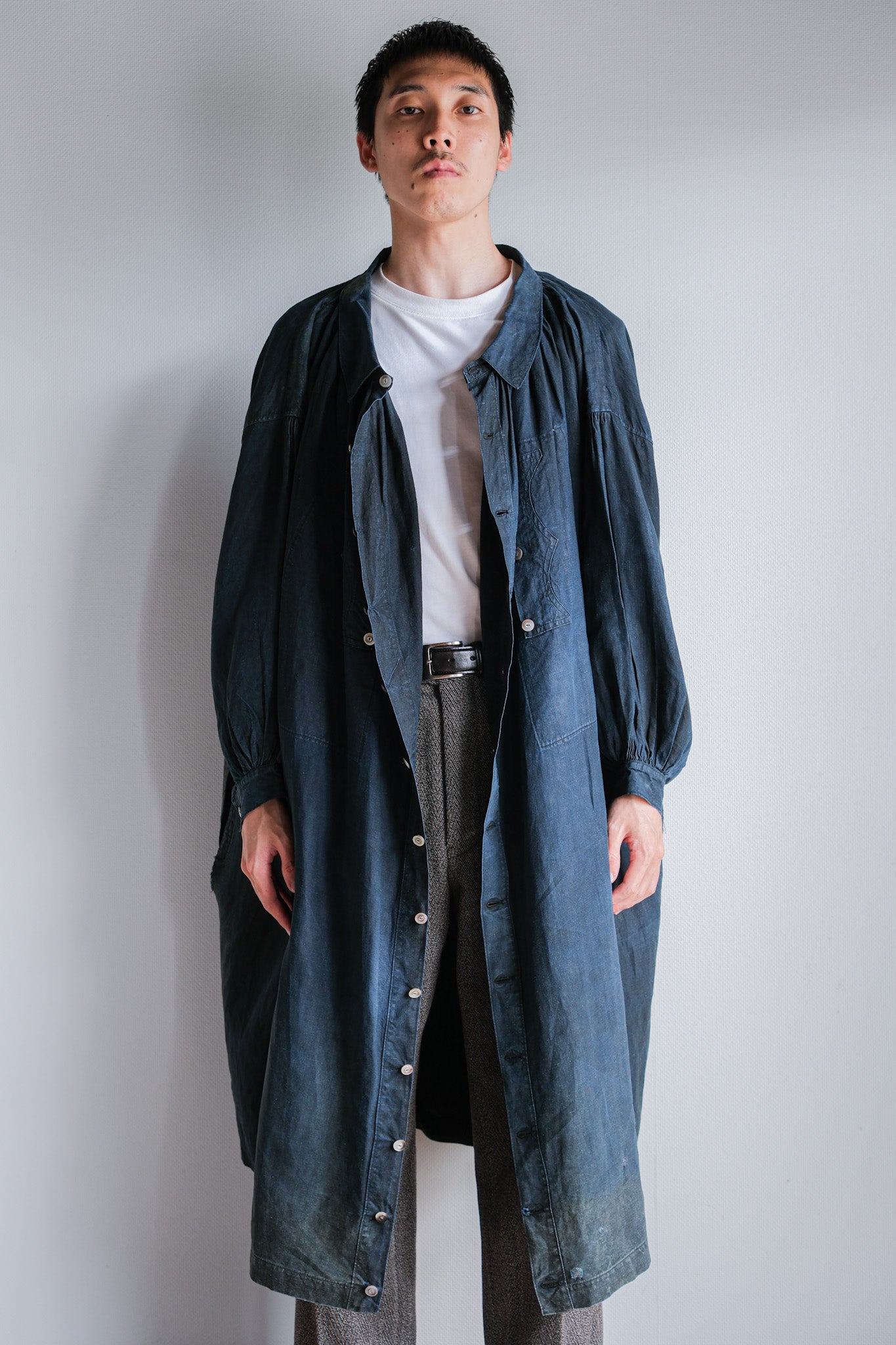 【Early 20th C】French Antique Indigo Linen Smock "Full Open Type" "Biaude"