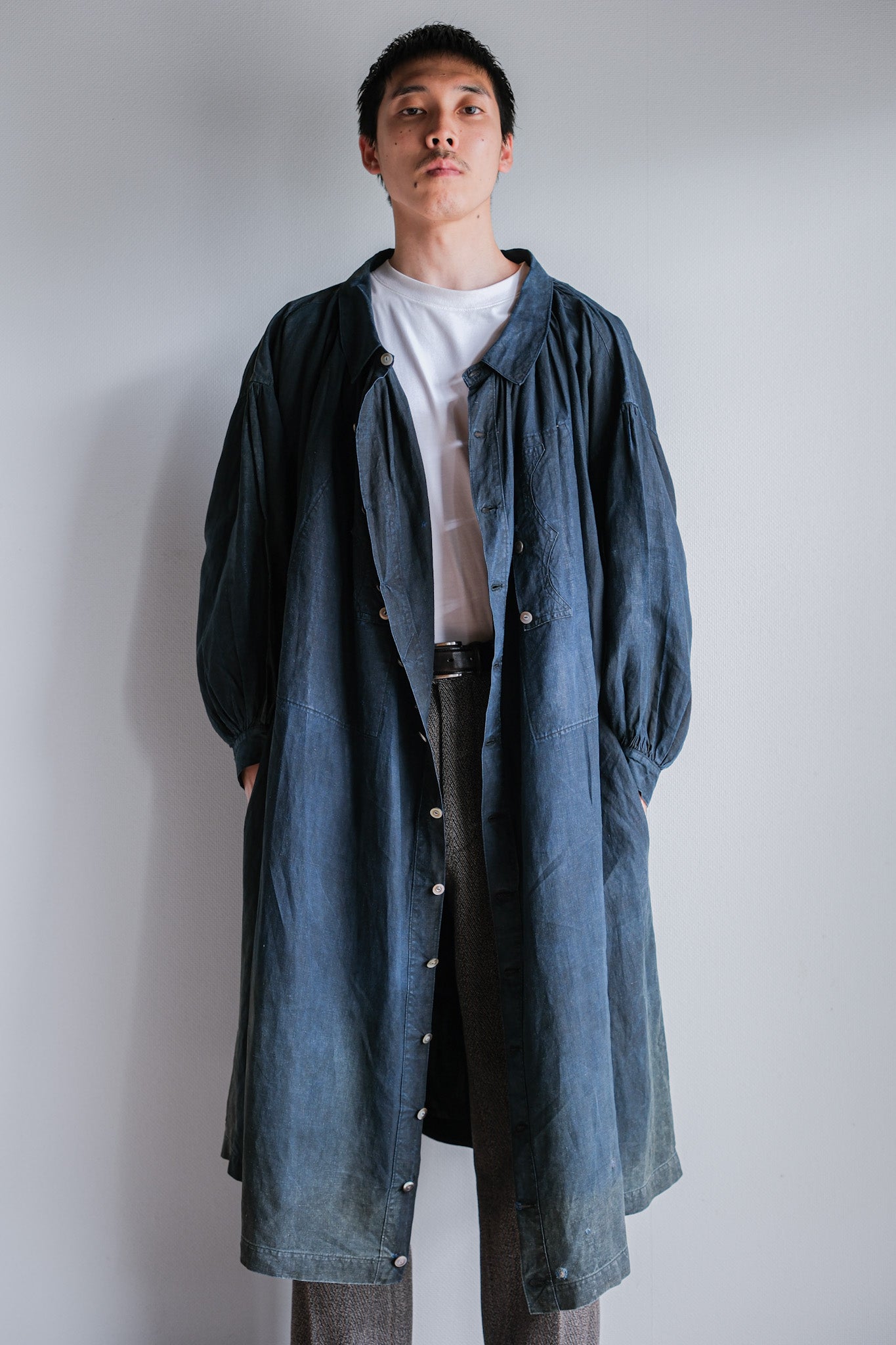 【Early 20th C】French Antique Indigo Linen Smock "Full Open Type" "Biaude"