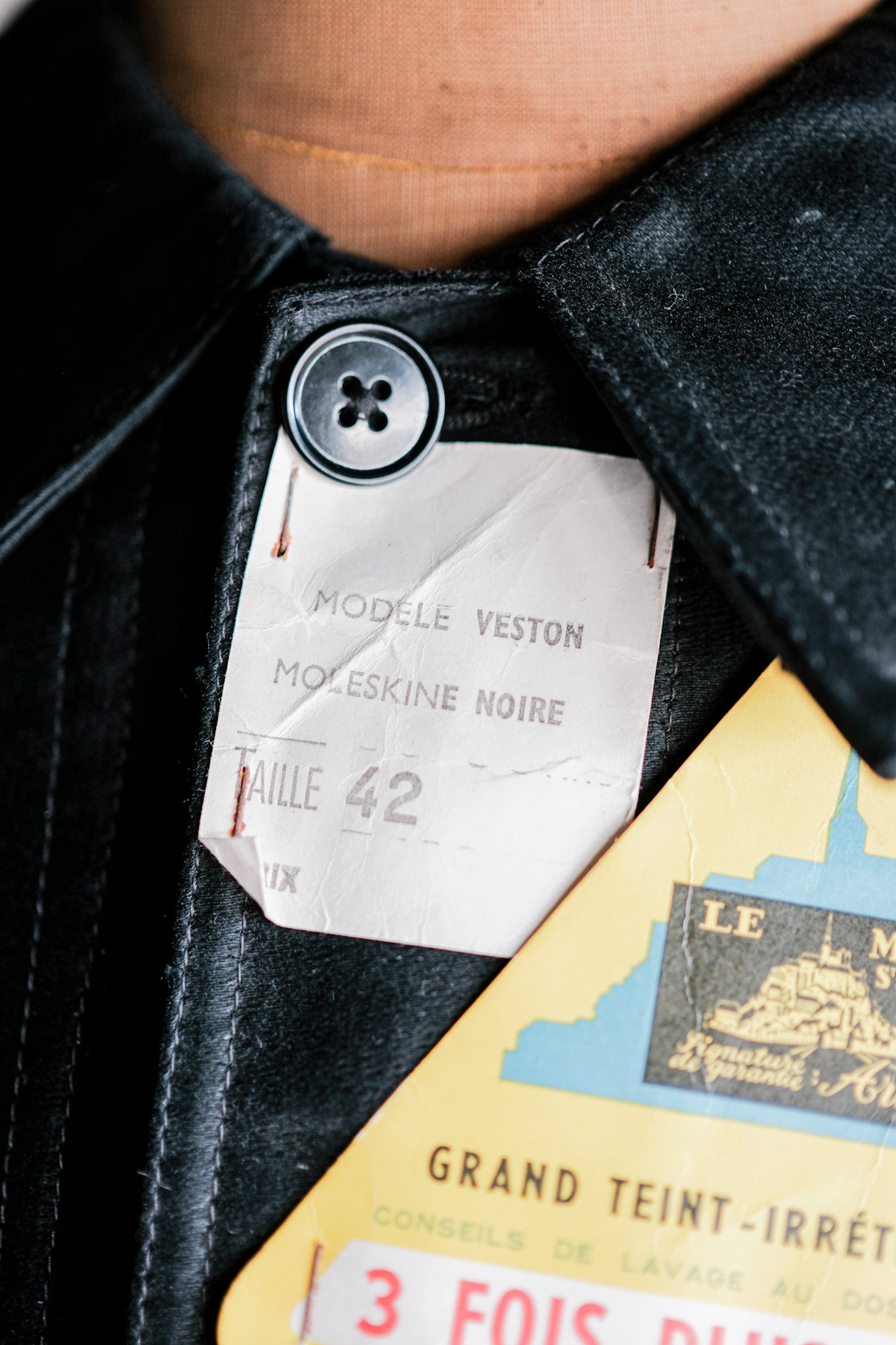 [~ 50's] French vintage noire moleskin work veste taille.42 "Le Mont St. Michel" "Stock Dead"
