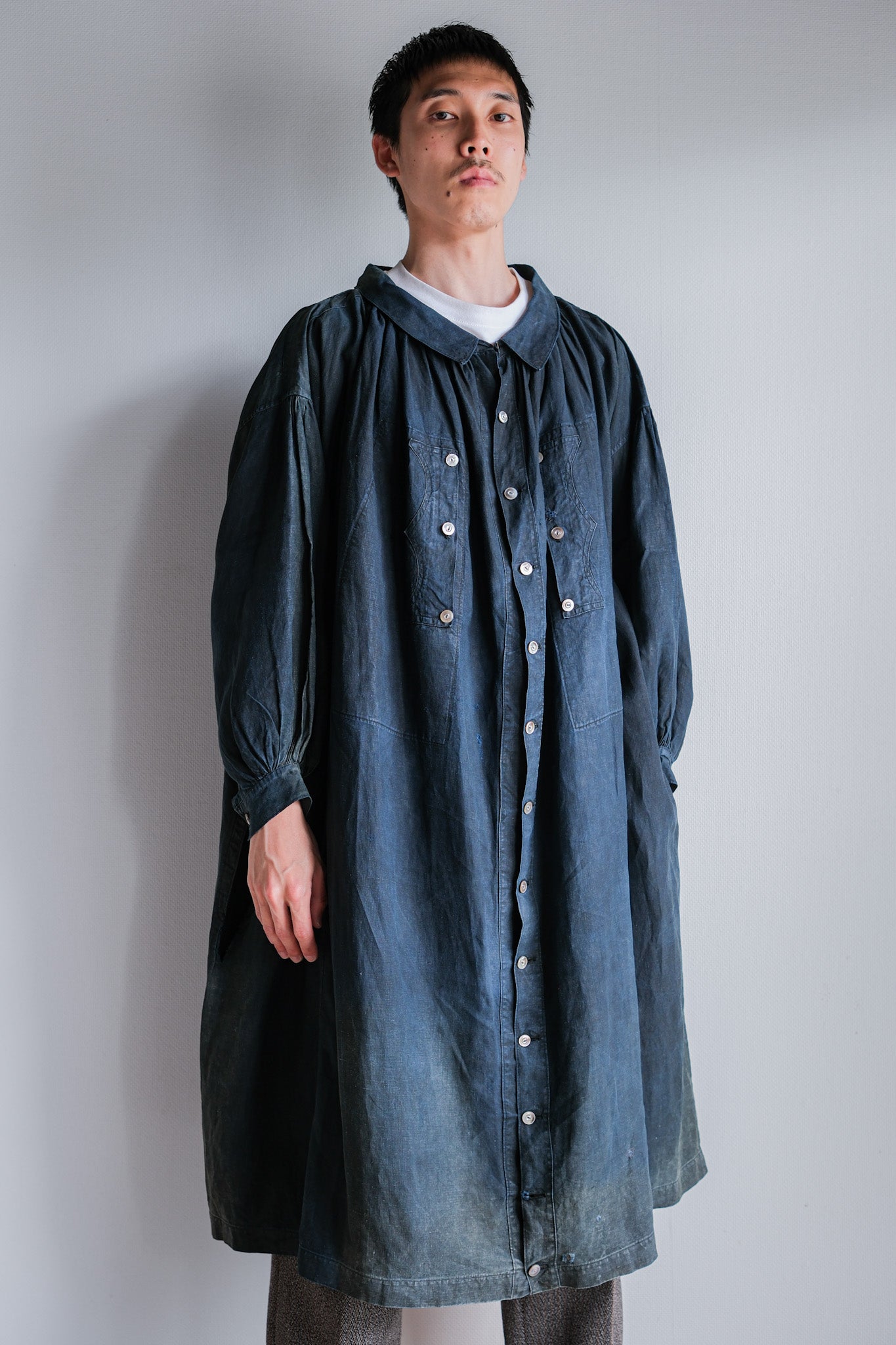 【Early 20th C】French Antique Indigo Linen Smock "Full Open Type" "Biaude"