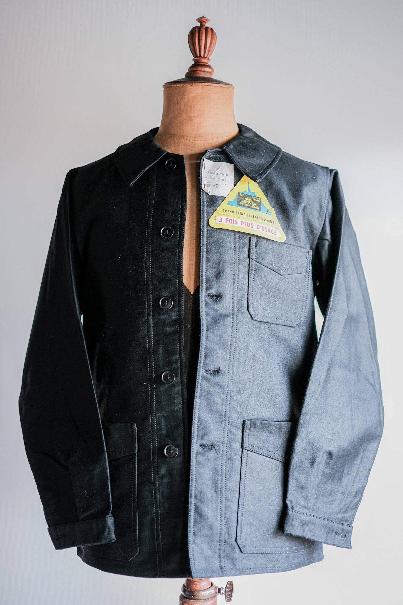 【~50’s】French Vintage Black Moleskin Work Jacket Size.42 "Le Mont St. Michel" "Dead Stock"