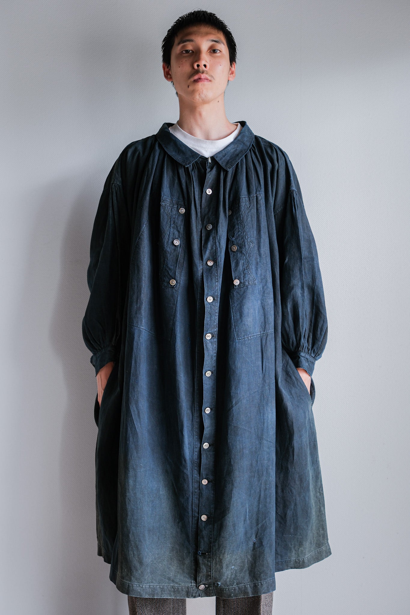 【Early 20th C】French Antique Indigo Linen Smock "Full Open Type" "Biaude"