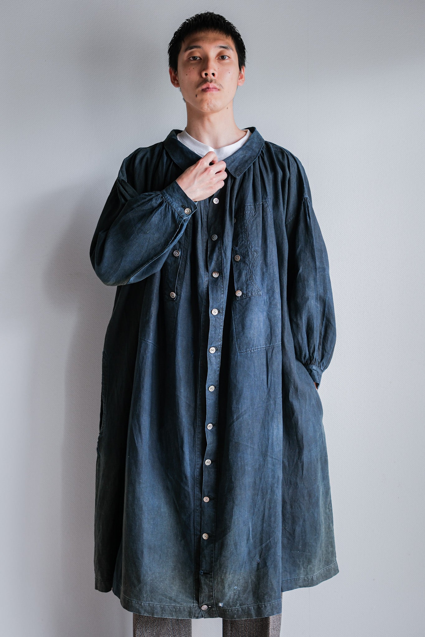 【Early 20th C】French Antique Indigo Linen Smock "Full Open Type" "Biaude"