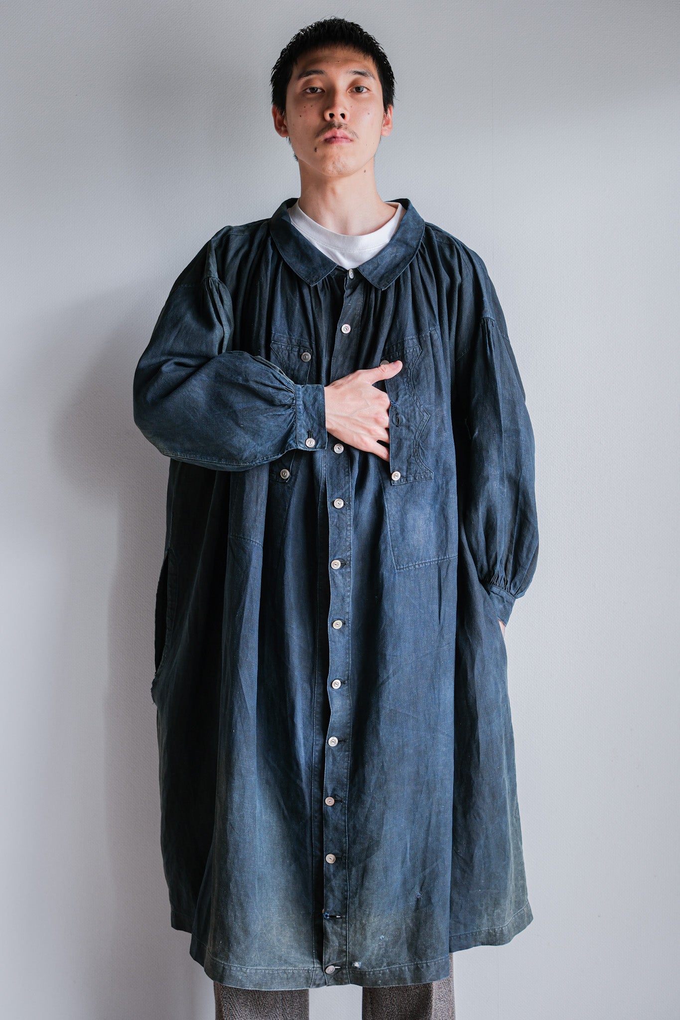 【Early 20th C】French Antique Indigo Linen Smock "Full Open Type" "Biaude"