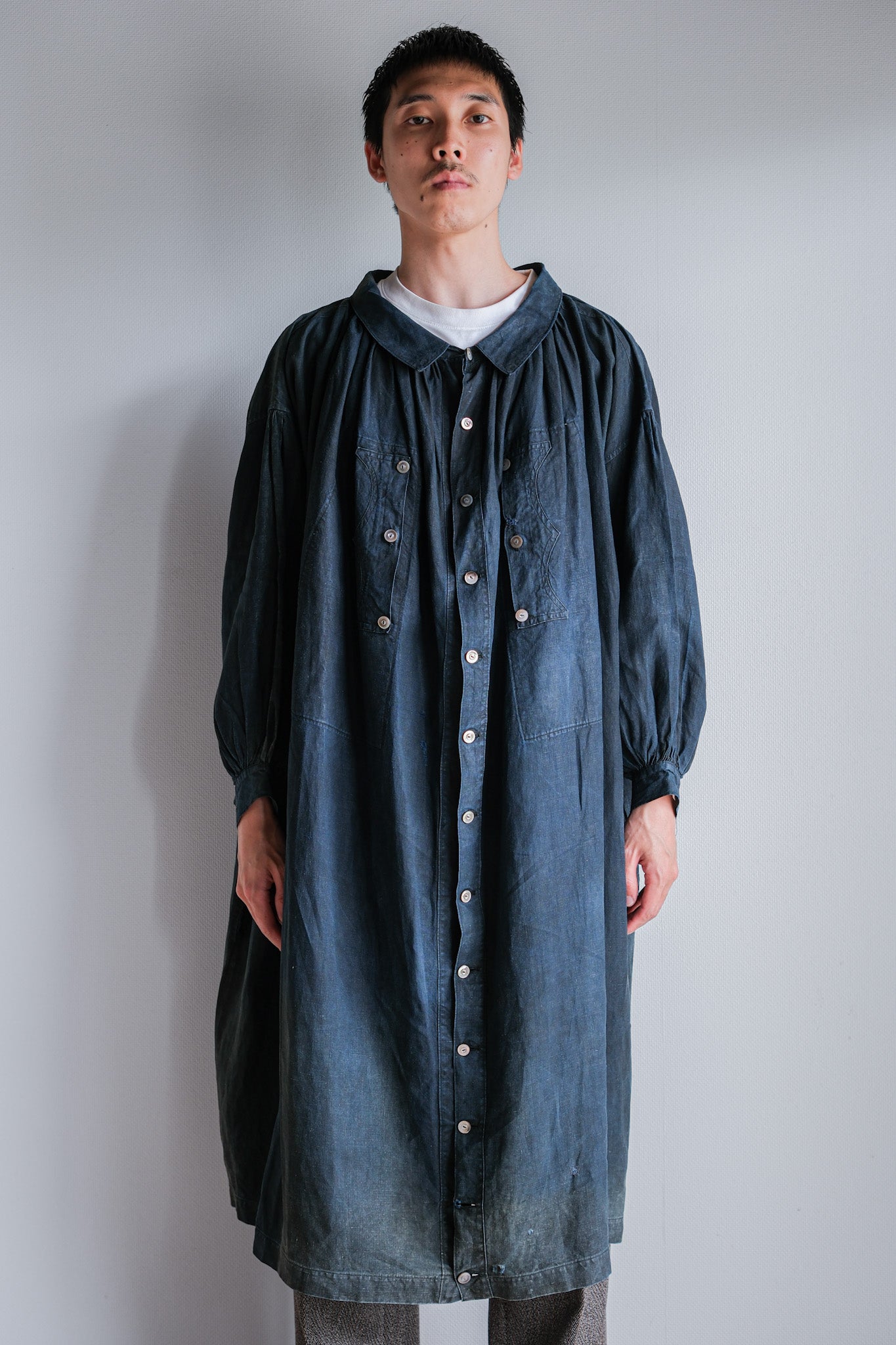 【Early 20th C】French Antique Indigo Linen Smock "Full Open Type" "Biaude"