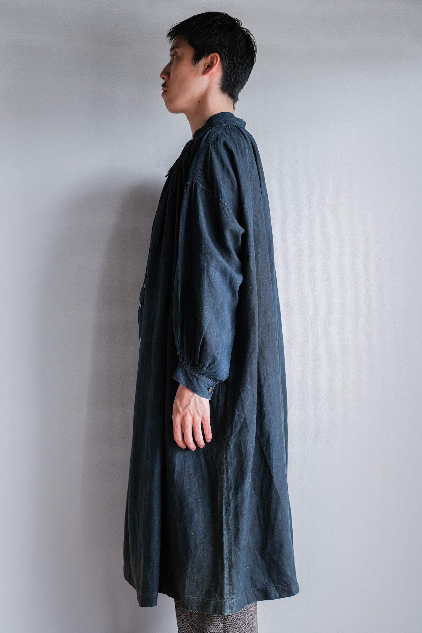 【Early 20th C】French Antique Indigo Linen Smock "Full Open Type" "Biaude"