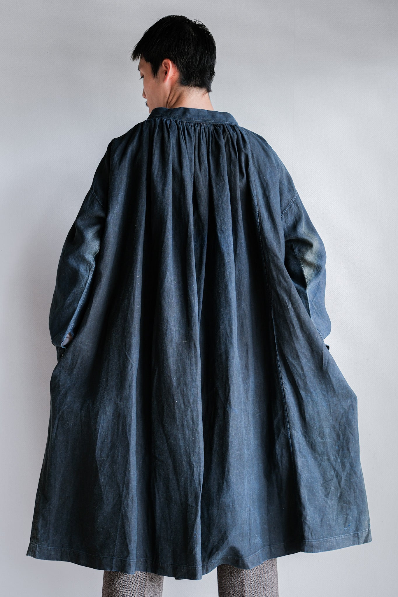 【Early 20th C】French Antique Indigo Linen Smock "Full Open Type" "Biaude"