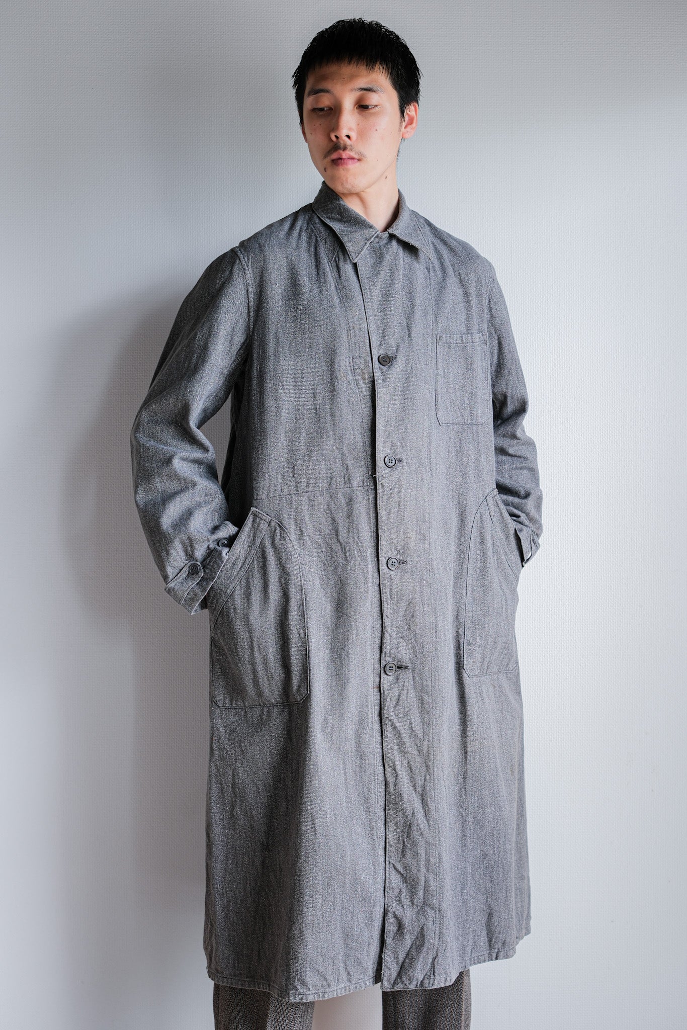 【~40's】French Vintage Salt & Pepper Cotton Twill Work Coat "Le Mont St. Michel"