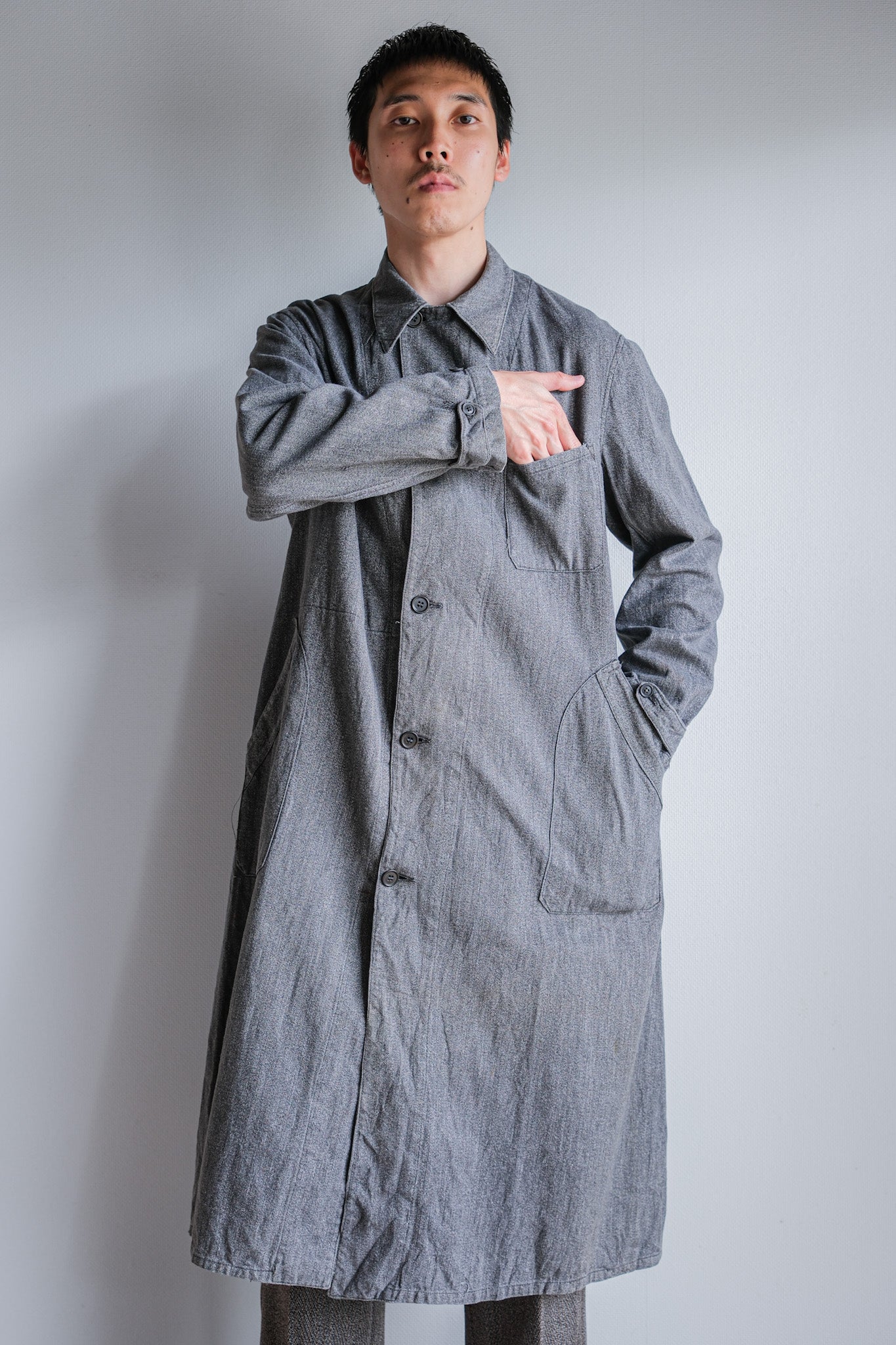 【~40's】French Vintage Salt & Pepper Cotton Twill Work Coat "Le Mont St. Michel"