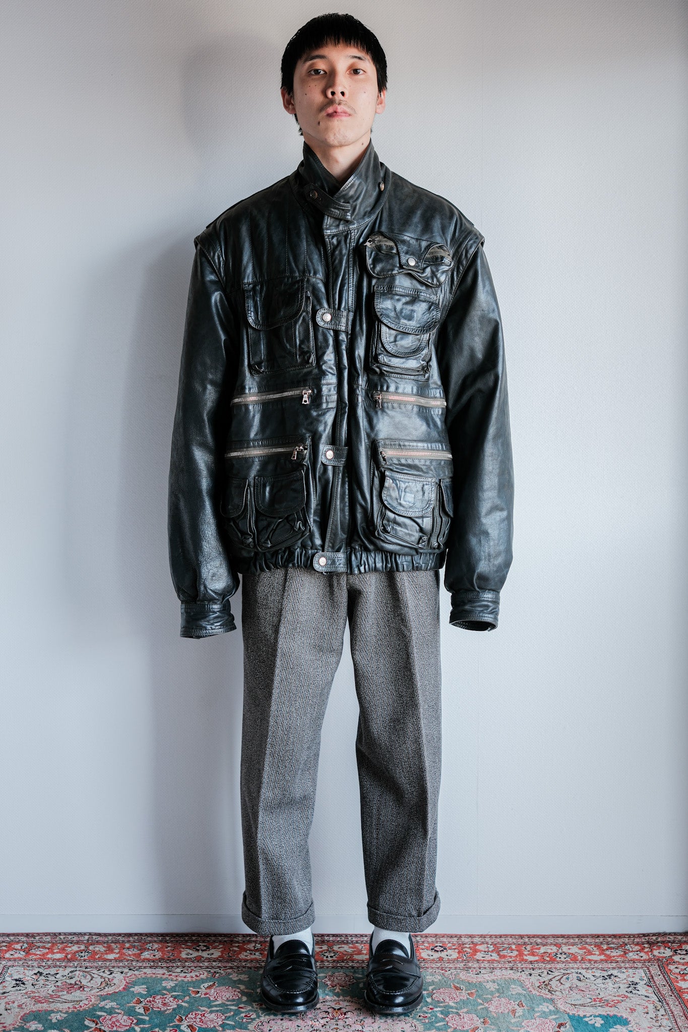［~90's］Old Renoma Paris Black Leather Detachable Sleeve Multi Pocket Jacket With Liner Size.XXL