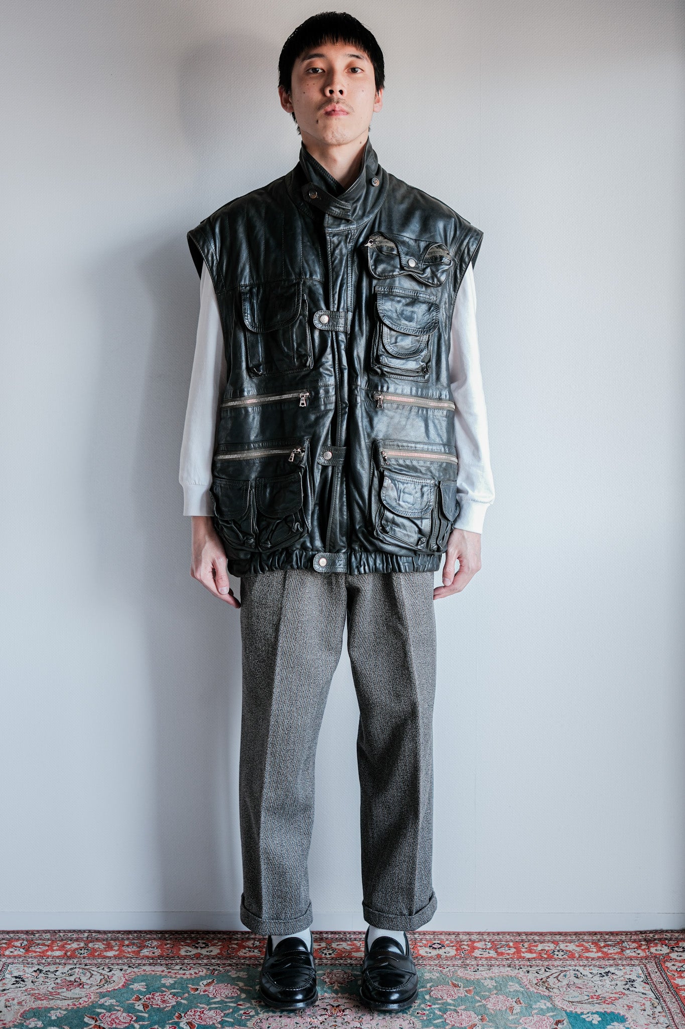 ［~90's］Old Renoma Paris Black Leather Detachable Sleeve Multi Pocket Jacket With Liner Size.XXL