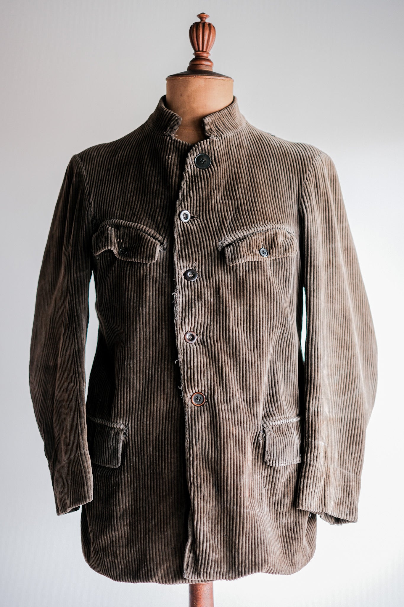 [~ 30's] French Vintage Brown Corduroy Stand Collar Work Jacket "Unusual Pattern"
