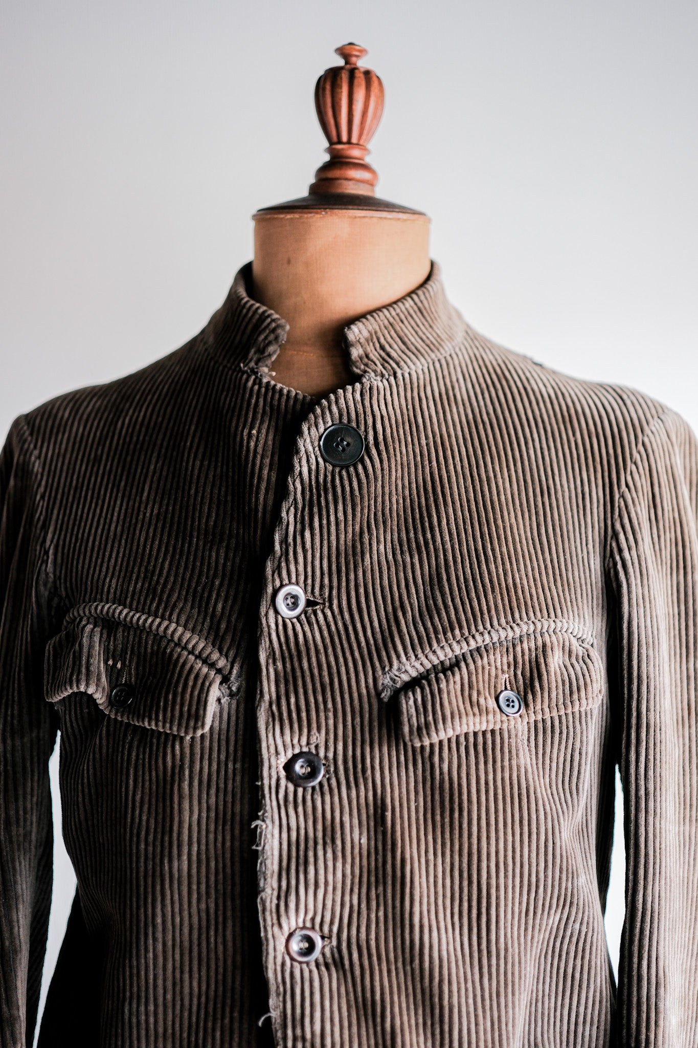 【~30’s】French Vintage Brown Corduroy Stand Collar Work Jacket "Unusual Pattern"