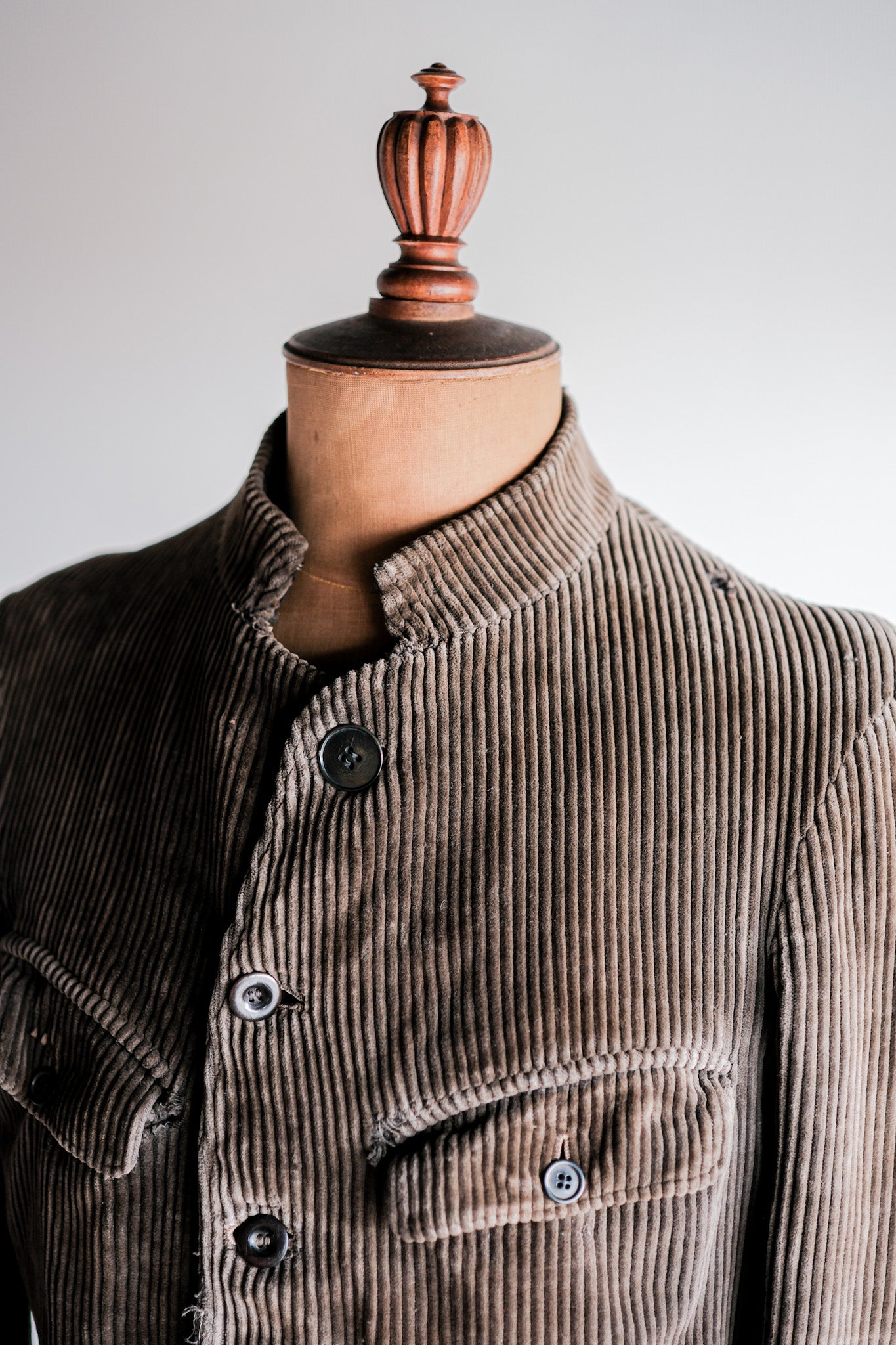 【~30’s】French Vintage Brown Corduroy Stand Collar Work Jacket "Unusual Pattern"