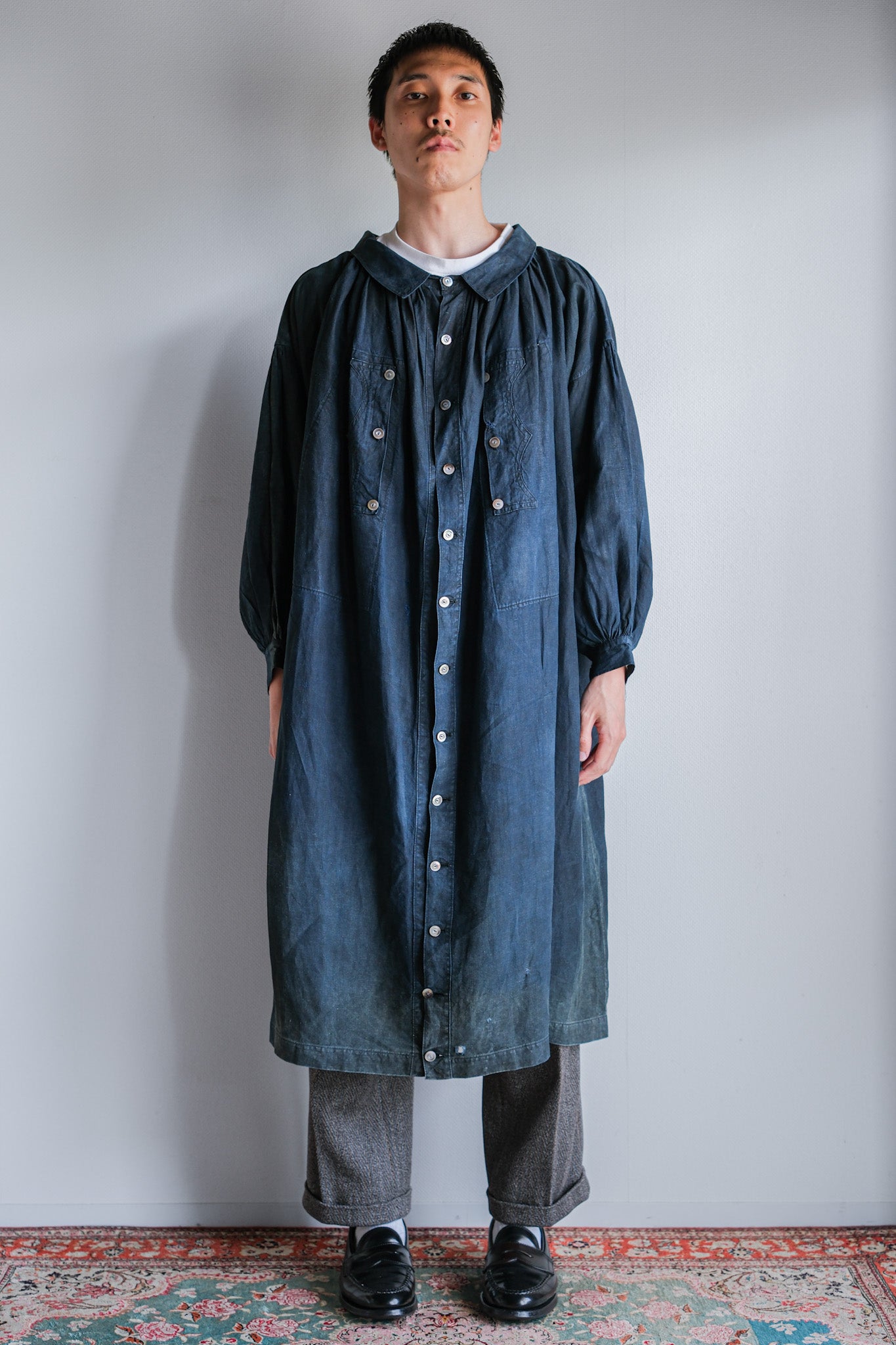 【Early 20th C】French Antique Indigo Linen Smock "Full Open Type" "Biaude"