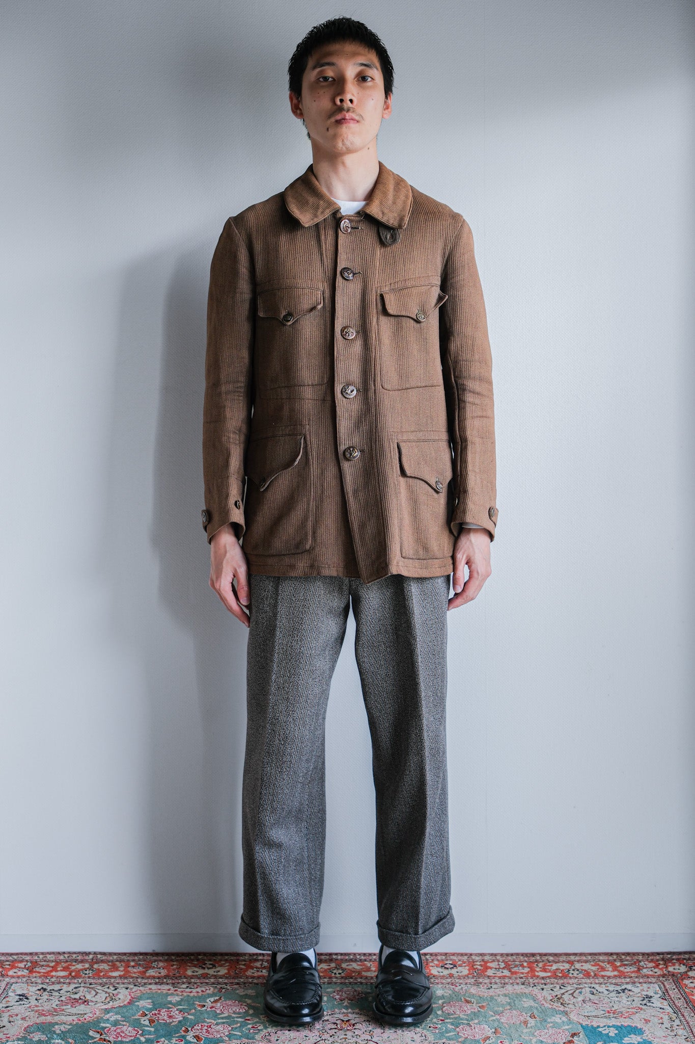 ［~30's］French Vintage Brown Cotton Pique Hunting Jacket With Chin Strap
