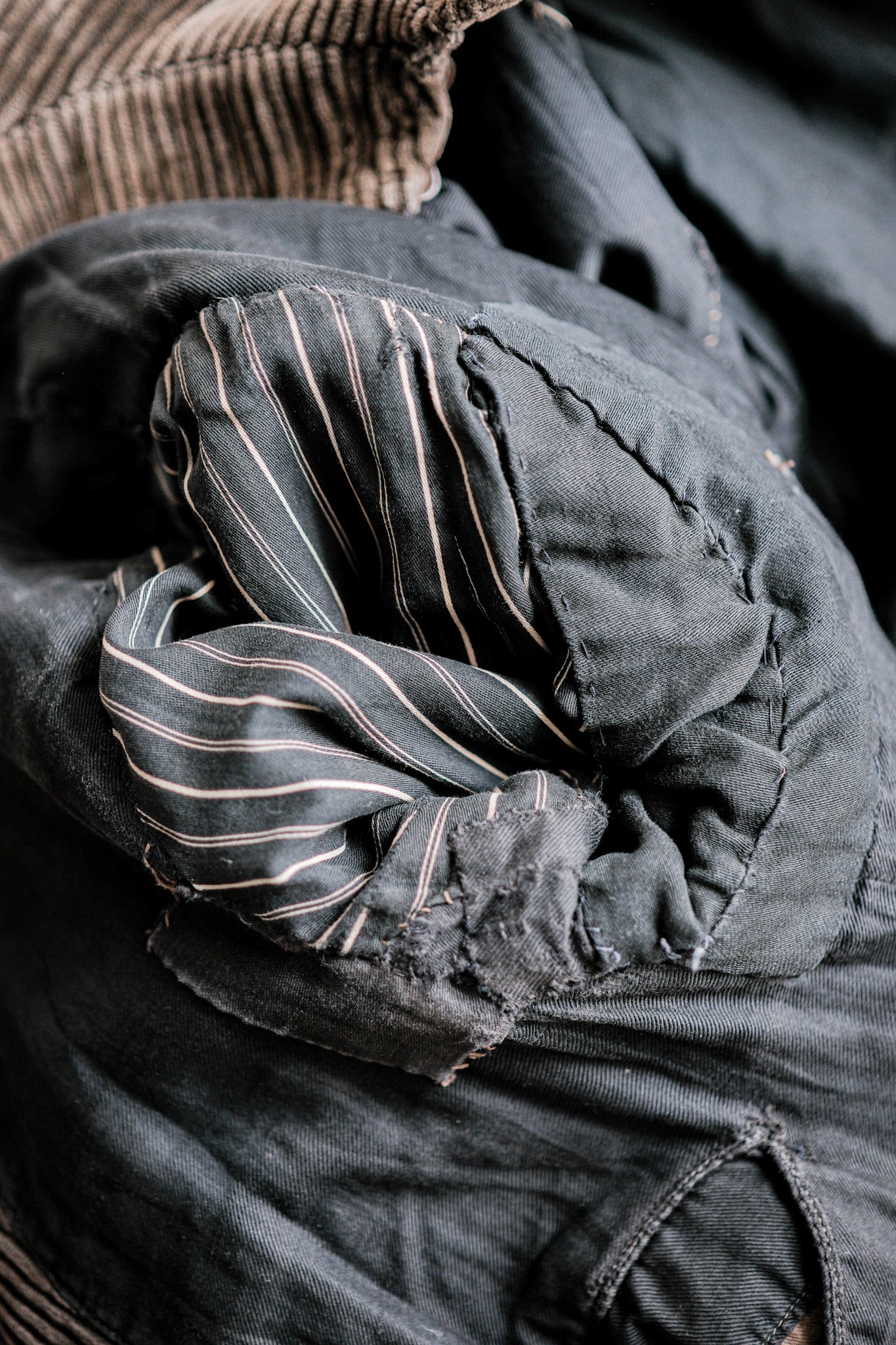 【~30’s】French Vintage Brown Corduroy Stand Collar Work Jacket "Unusual Pattern"