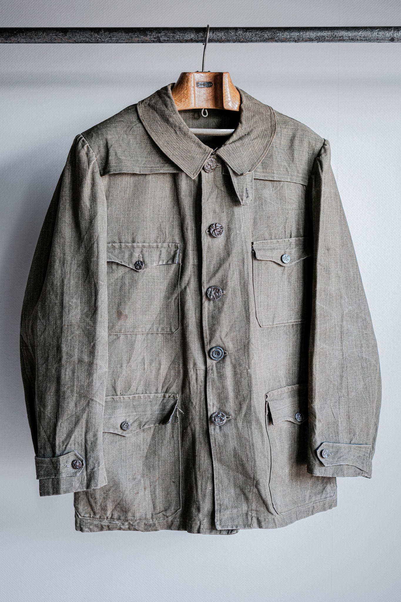 ［~20's］French Vintage Linen Canvas Hunting Jacket With Chin Strap