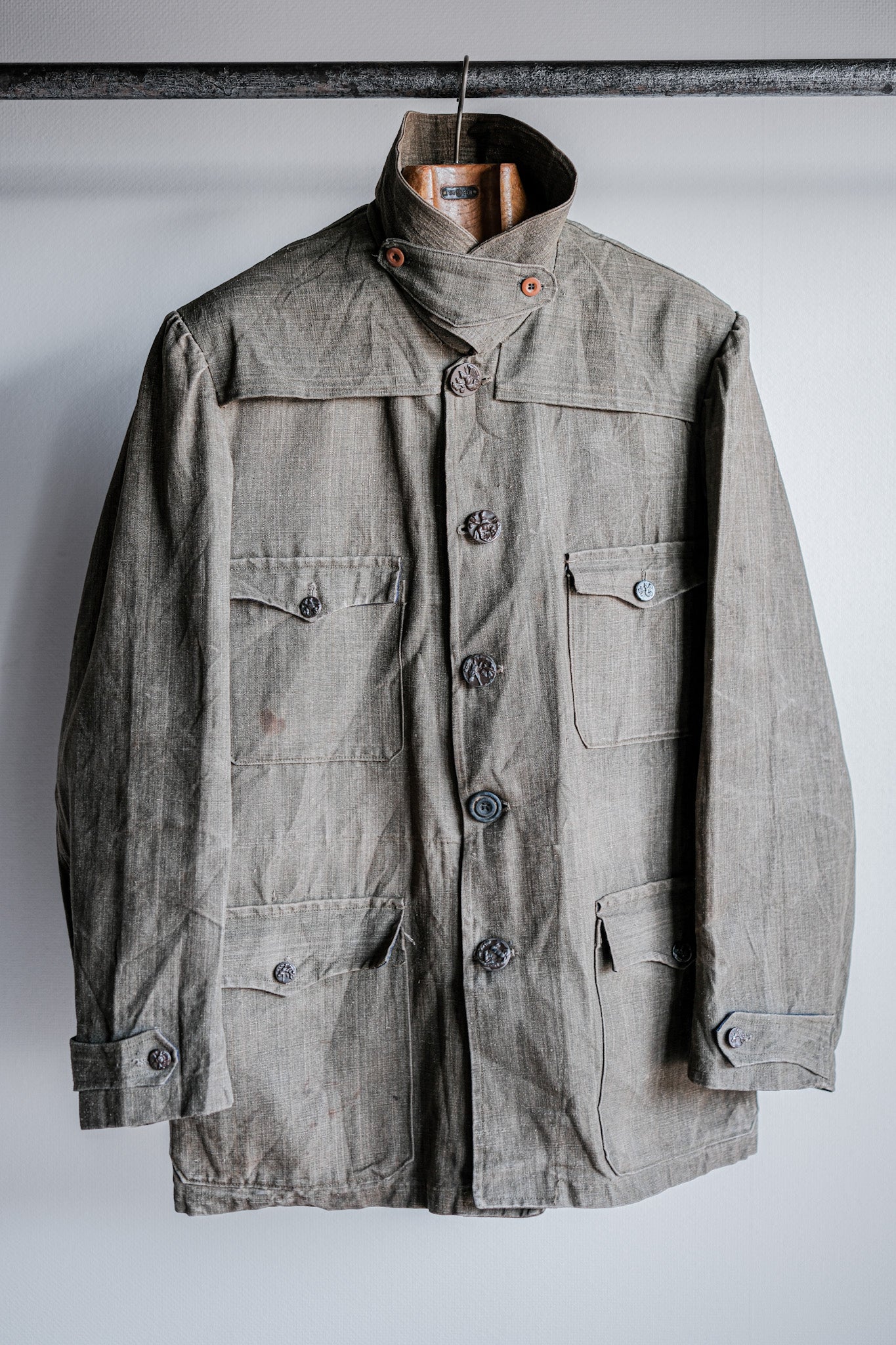 ［~20's］French Vintage Linen Canvas Hunting Jacket With Chin Strap