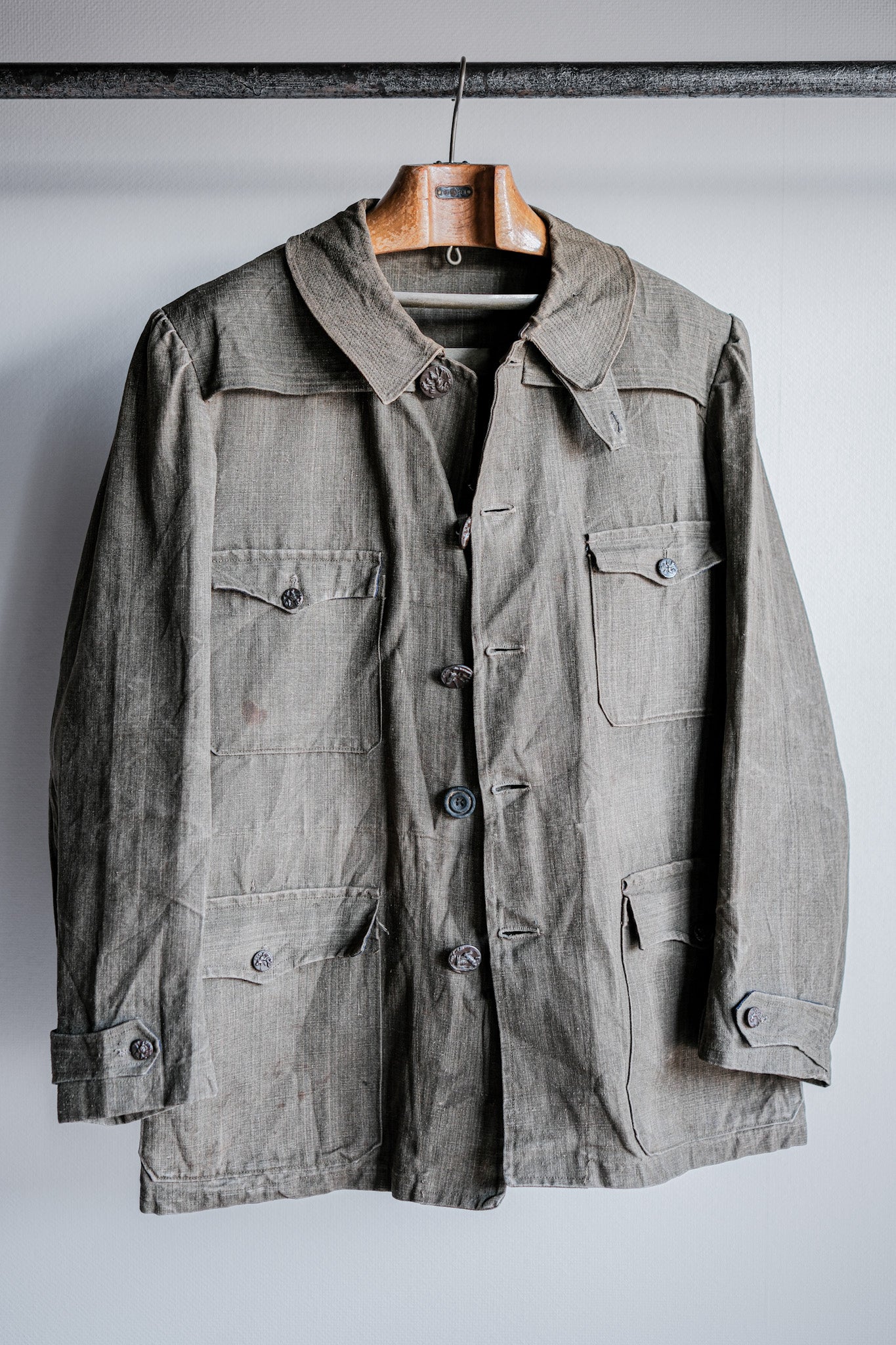 ［~20's］French Vintage Linen Canvas Hunting Jacket With Chin Strap
