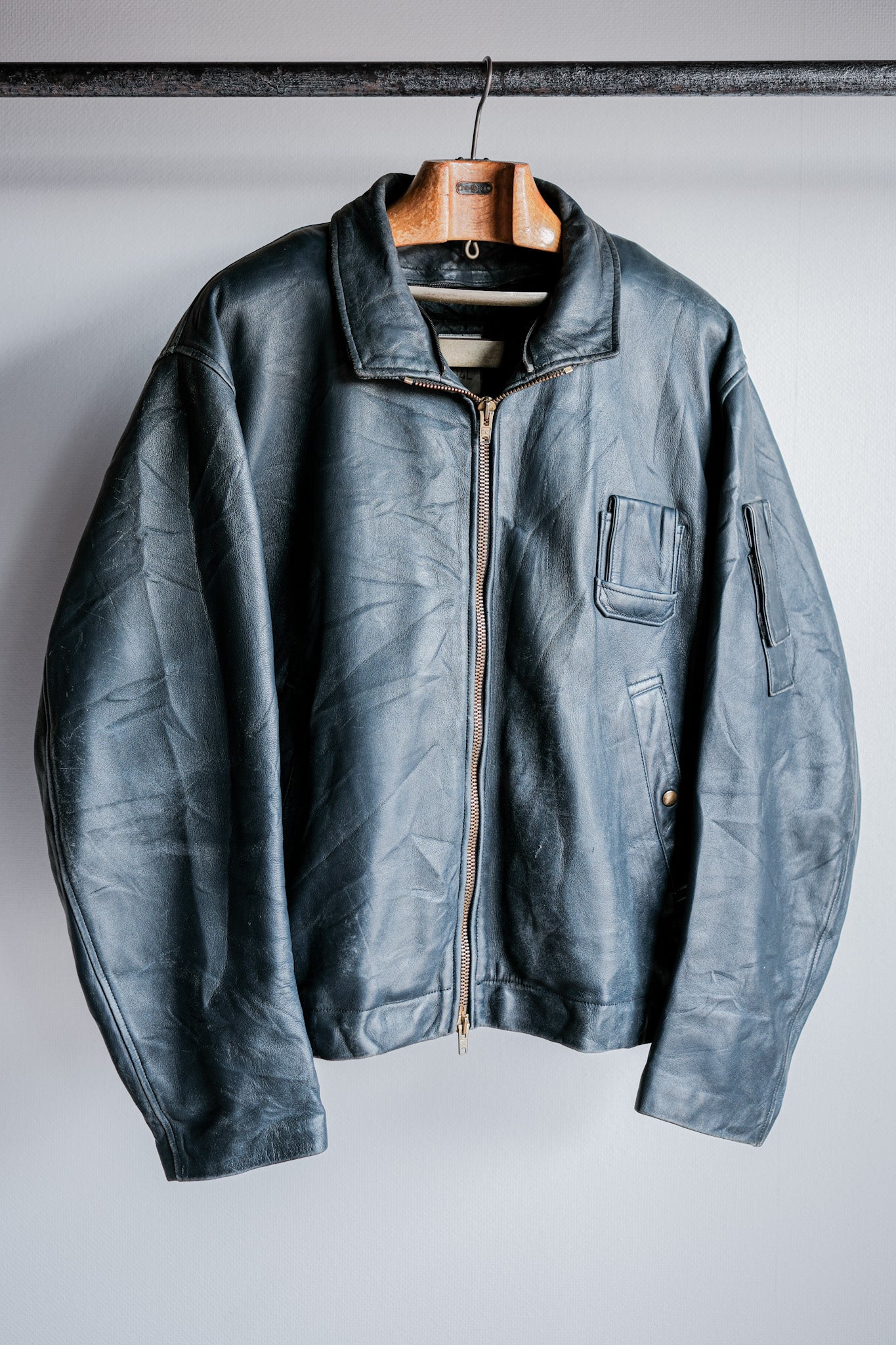 ［~70's］French Air Force Pilot Leather Jacket With Chin Strap & Liner Size.104L