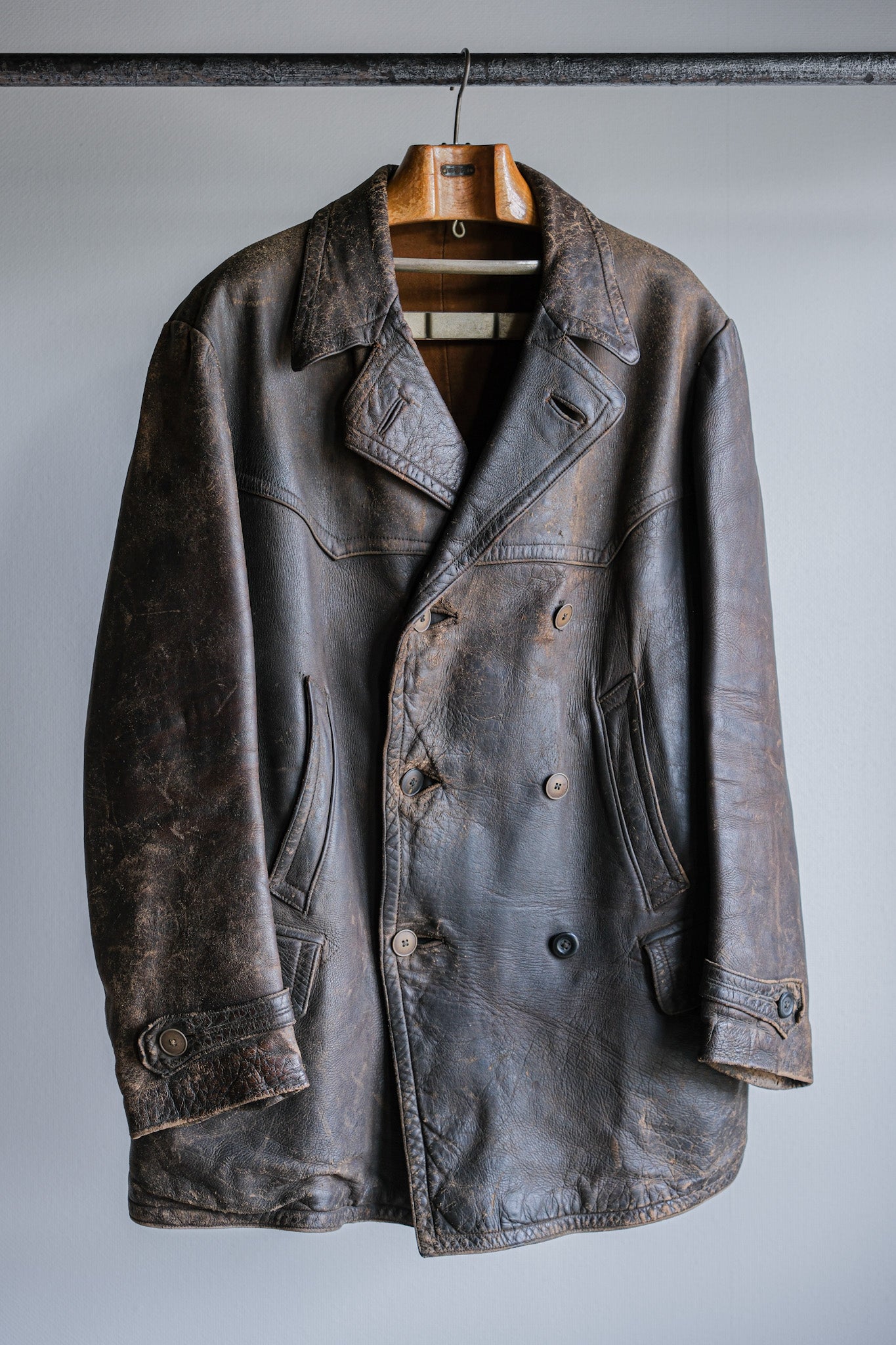 【~40's】WWⅡ German Hitler-Jugend Double Breasted Motorcycle Leather Jacket