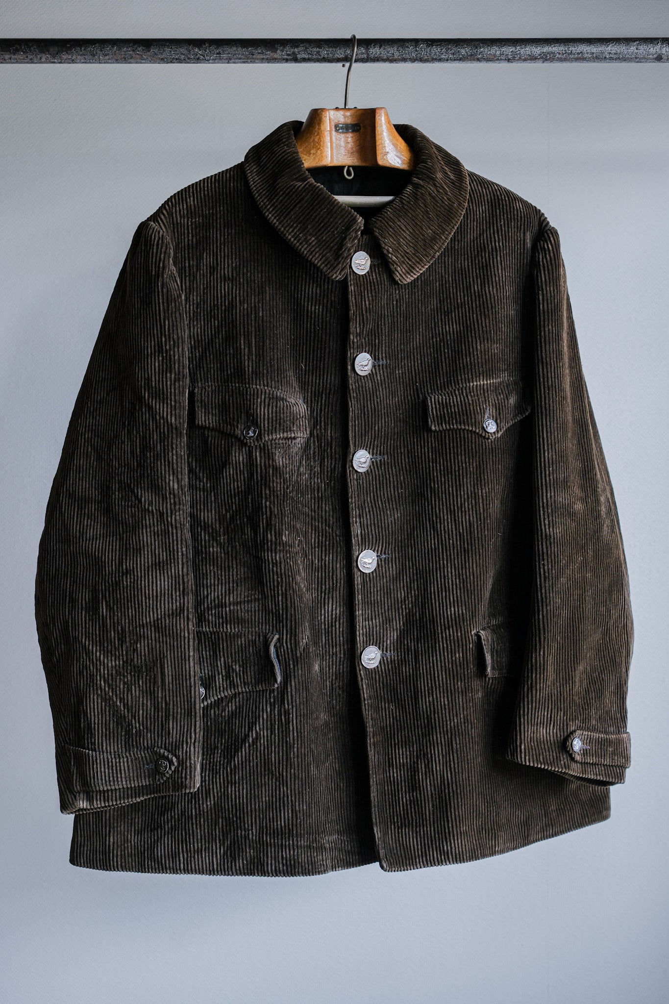 【~40's】French Vintage Brown Corduroy Hunting Jacket "Black Moleskin Lining"