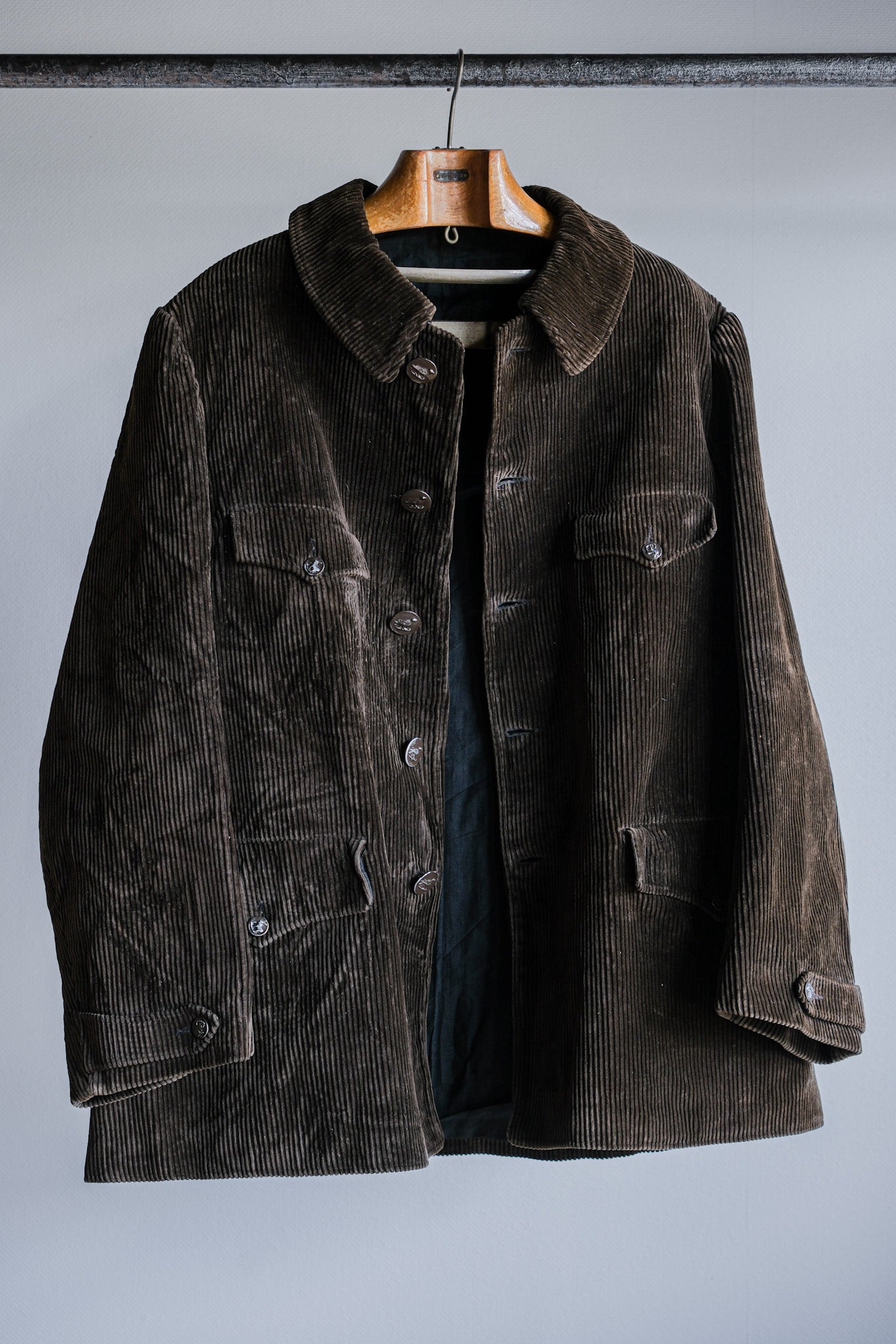 【~40's】French Vintage Brown Corduroy Hunting Jacket "Black Moleskin Lining"