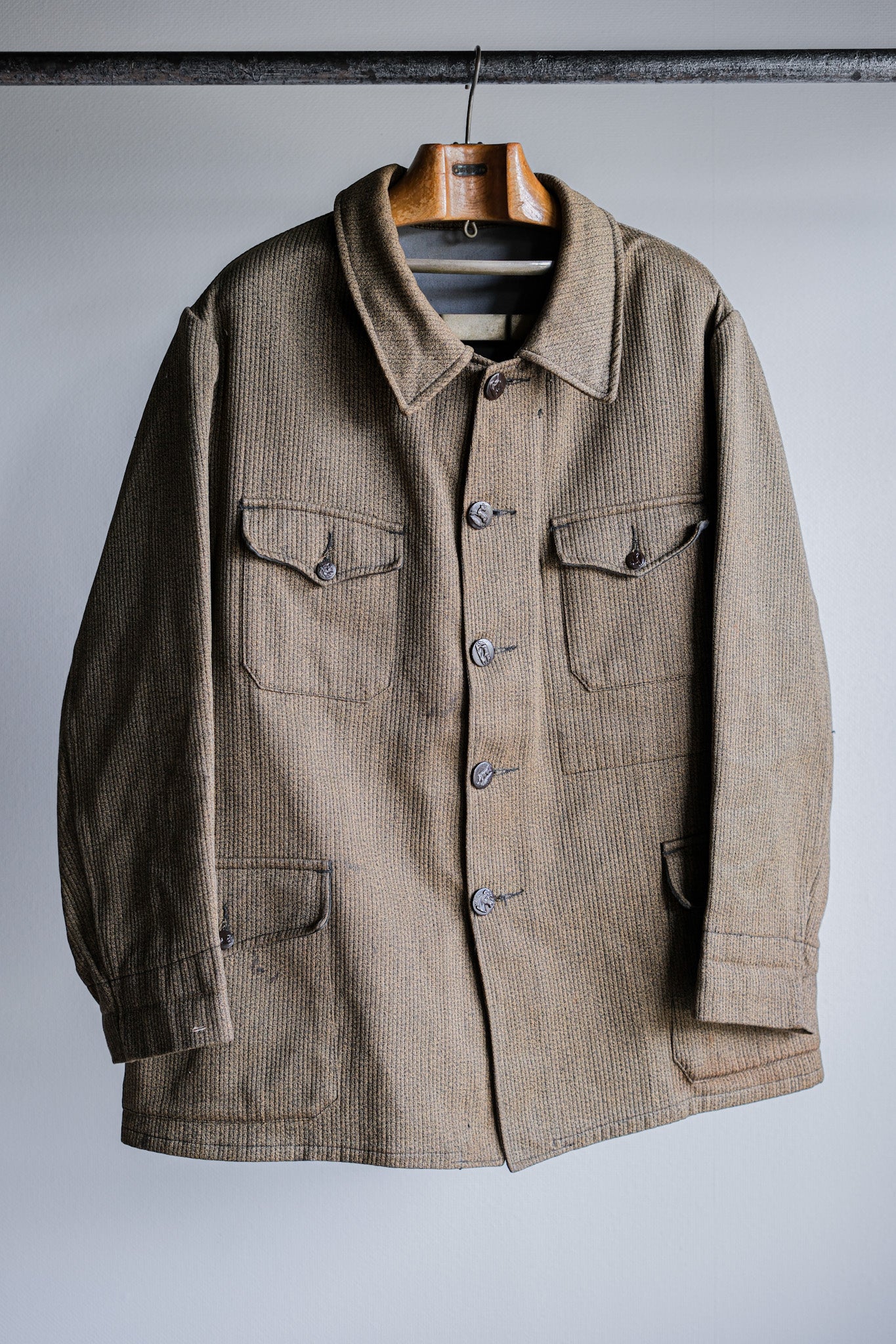 ［~60's］French Vintage Brown Salt & Pepper Cotton Pique Hunting Jacket With Chin Strap