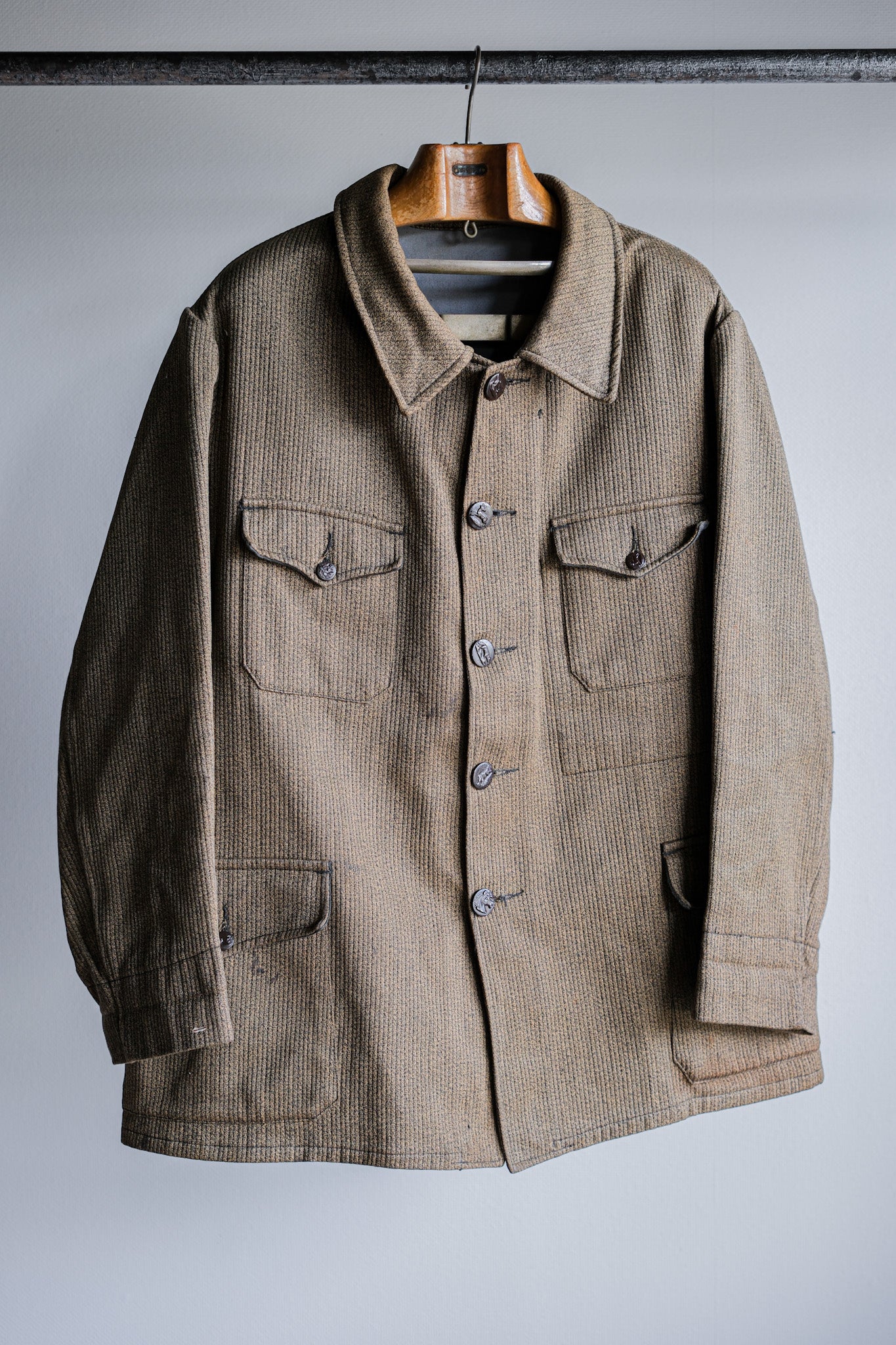 【~60's】French Vintage Brown Salt & Pepper Cotton Pique Hunting Jacket With Chin Strap