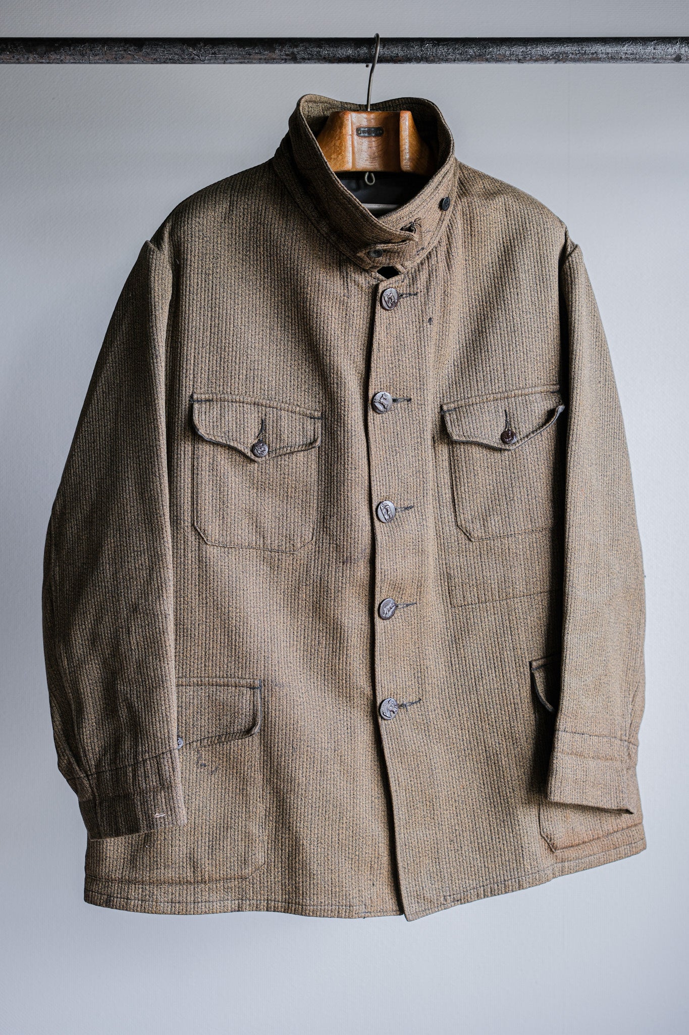 【~60's】French Vintage Brown Salt & Pepper Cotton Pique Hunting Jacket With Chin Strap