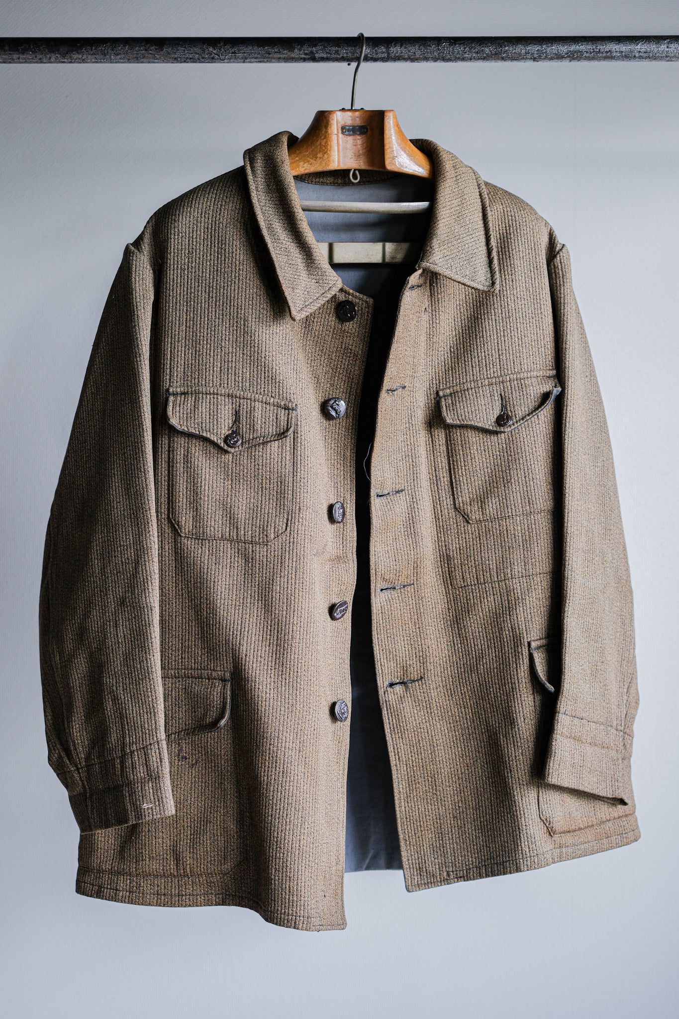 [~ 60's] French Vintage Brown Salt & Pepper Cotton Pique Hunting Jacket with China Strap