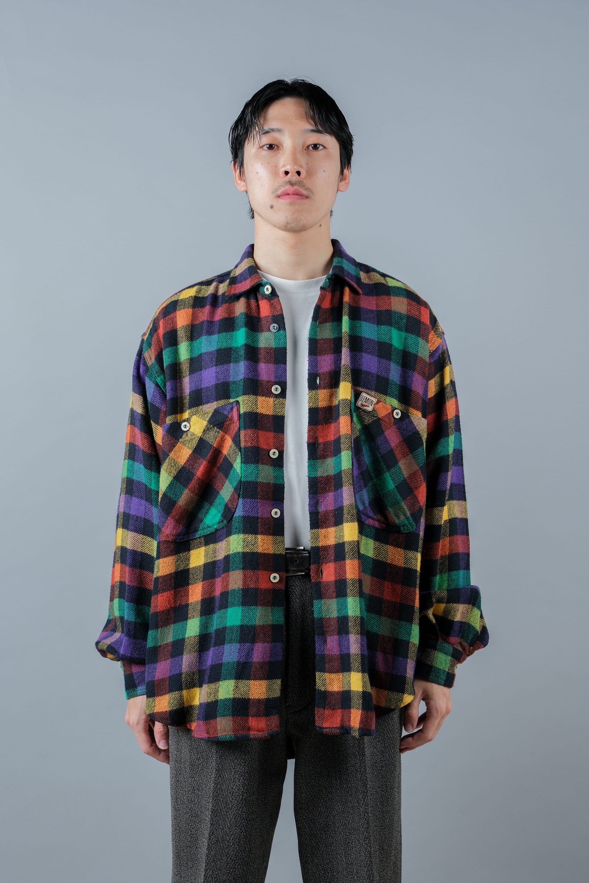 ［~80's］Italian Vintage Mixed Wool Rainbow Plaid Shirt Size.MEDIUM