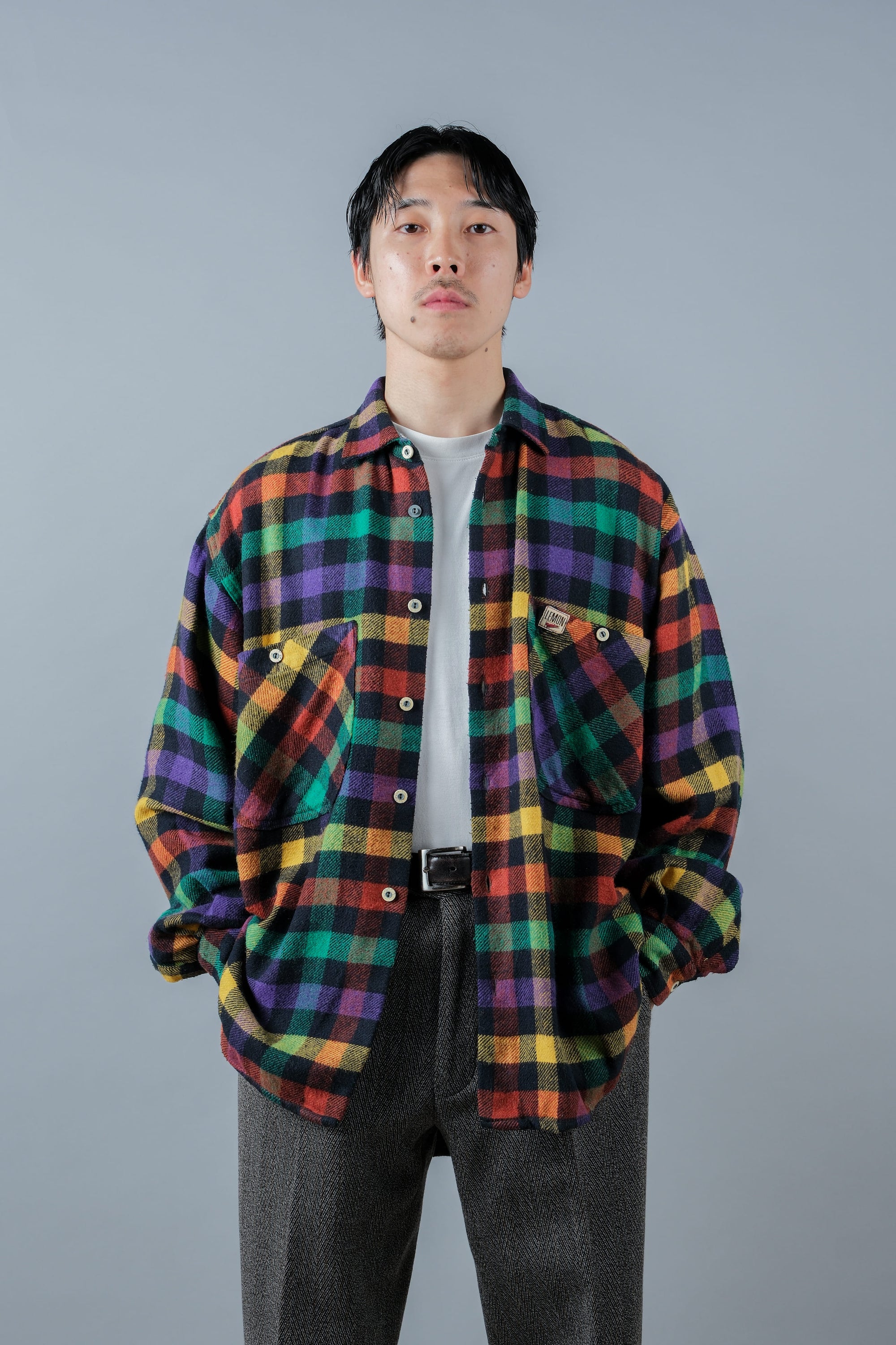 ［~80's］Italian Vintage Mixed Wool Rainbow Plaid Shirt Size.MEDIUM