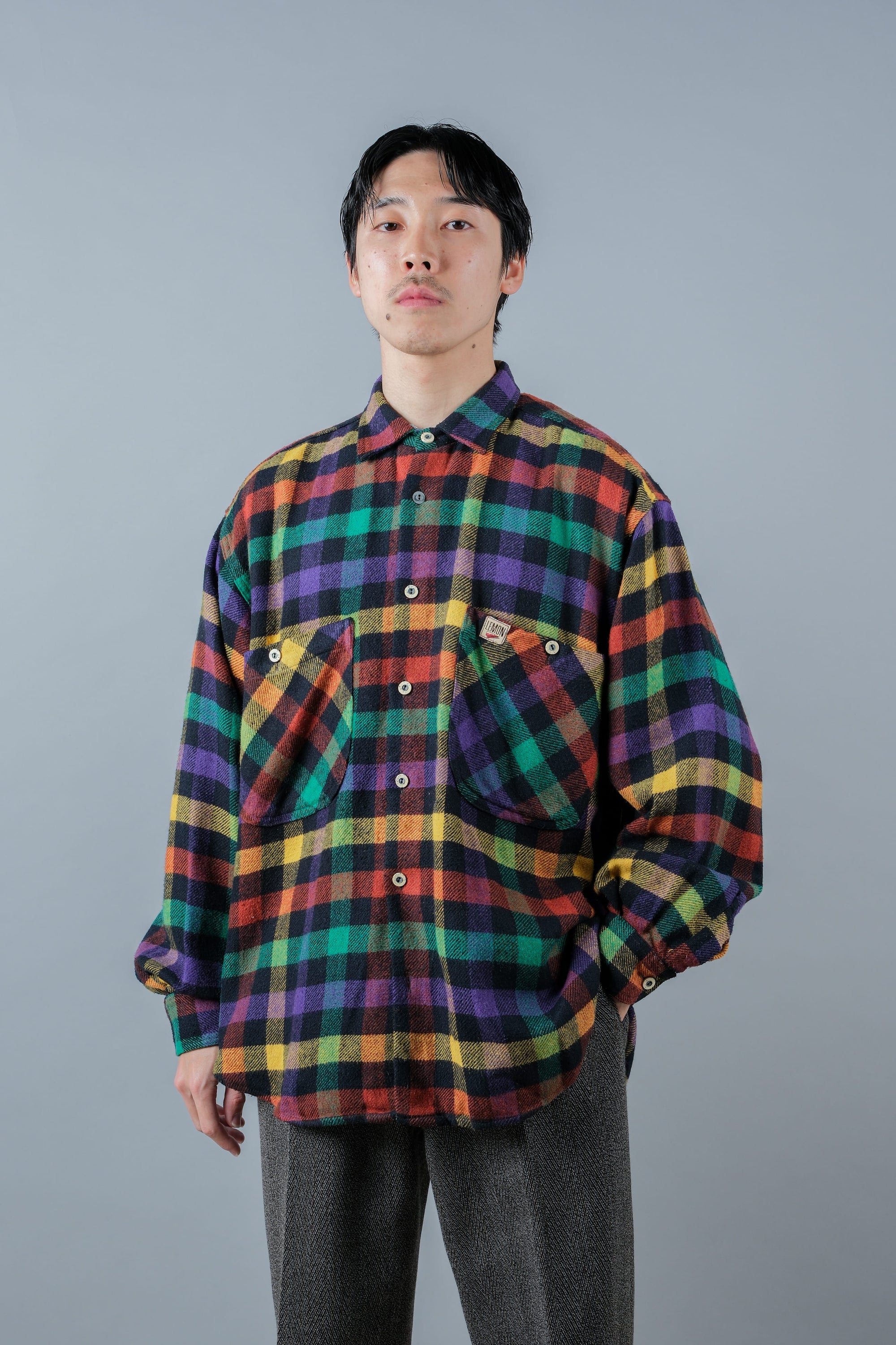［~80's］Italian Vintage Mixed Wool Rainbow Plaid Shirt Size.MEDIUM