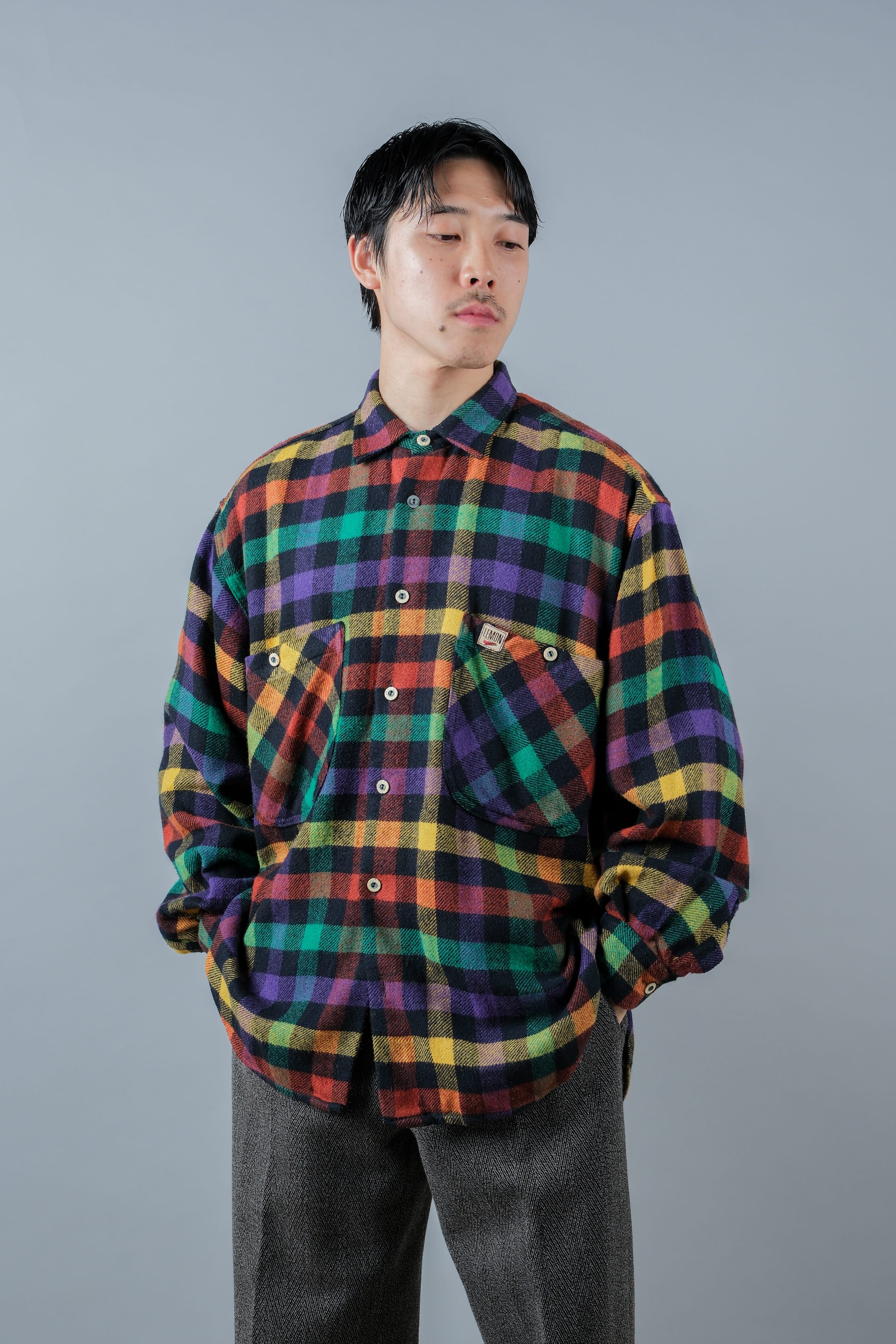 【~80's】Italian Vintage Mixed Wool Rainbow Plaid Shirt Size.MEDIUM